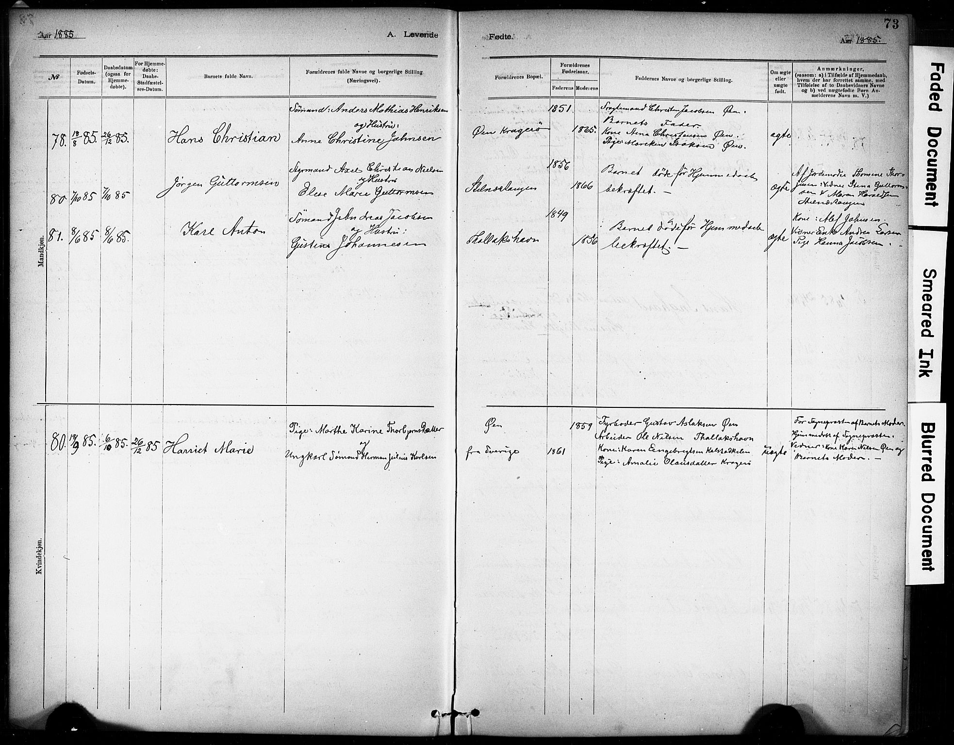 Kragerø kirkebøker, AV/SAKO-A-278/G/Ga/L0007: Parish register (copy) no. 7, 1881-1927, p. 73