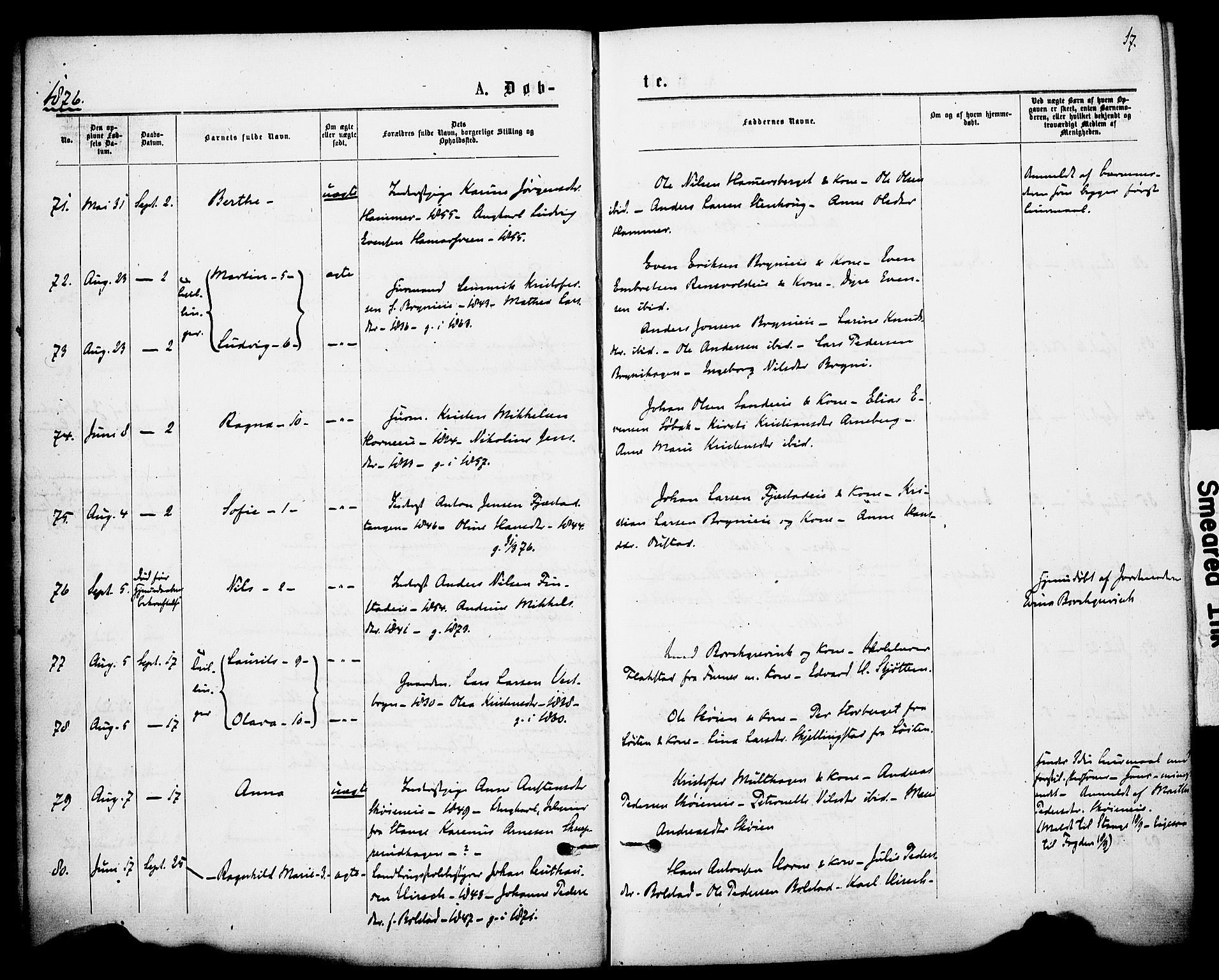 Romedal prestekontor, AV/SAH-PREST-004/K/L0007: Parish register (official) no. 7, 1875-1879, p. 17