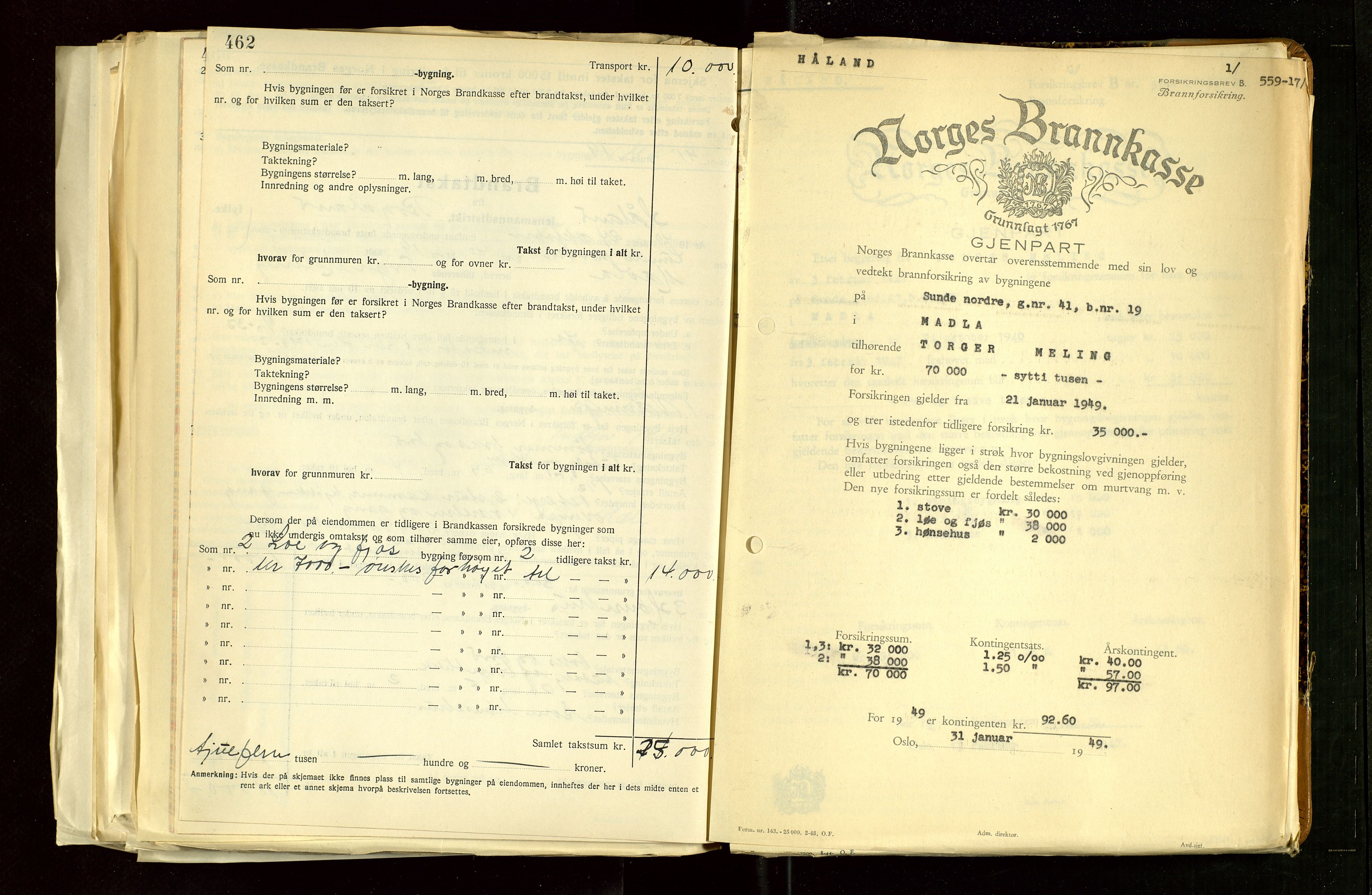 Håland lensmannskontor, AV/SAST-A-100100/Gob/L0012: "Brandtakstprotokoll" - skjematakst. Register i boken., 1938-1941, p. 462-463