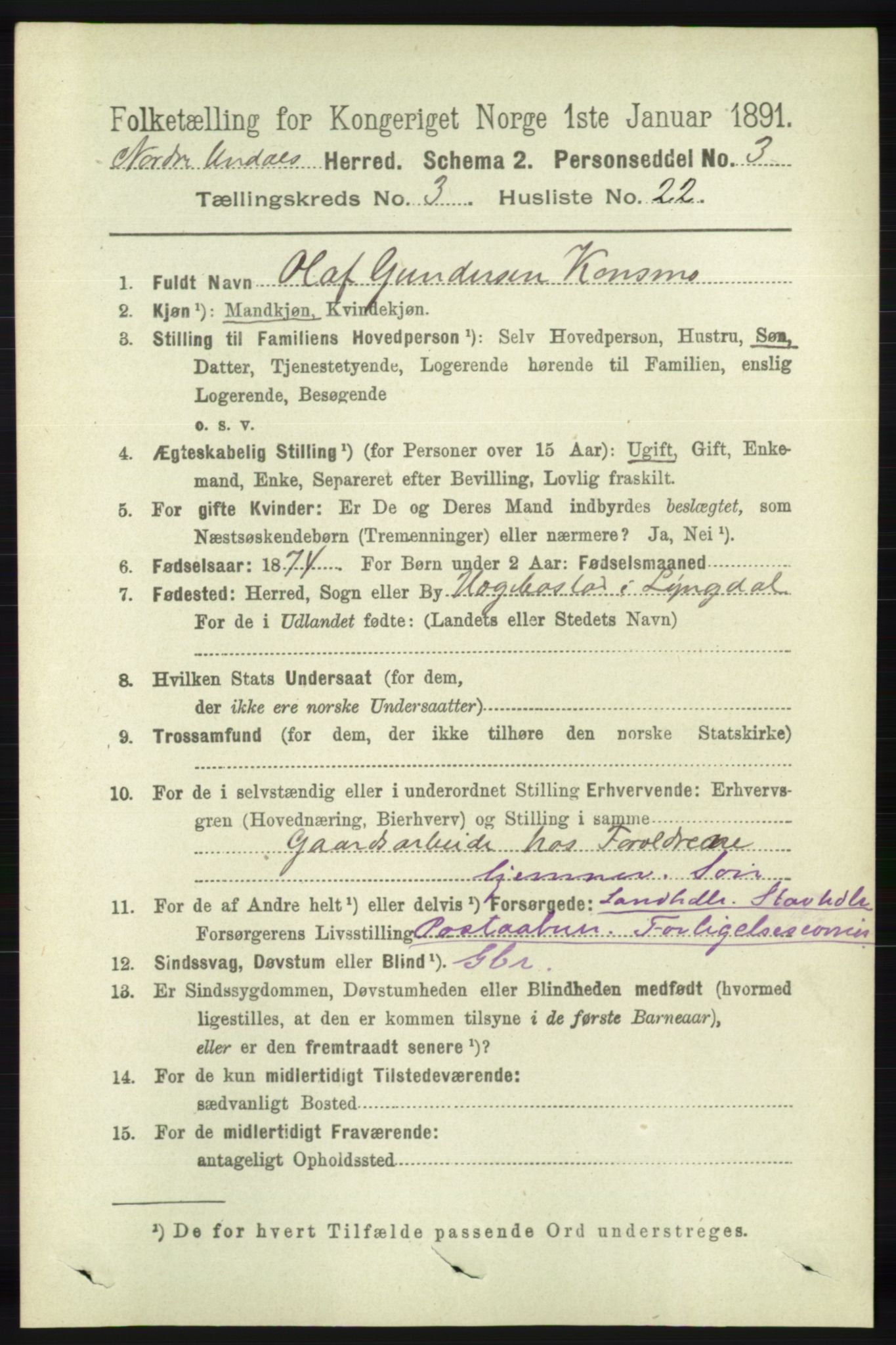 RA, 1891 census for 1028 Nord-Audnedal, 1891, p. 856