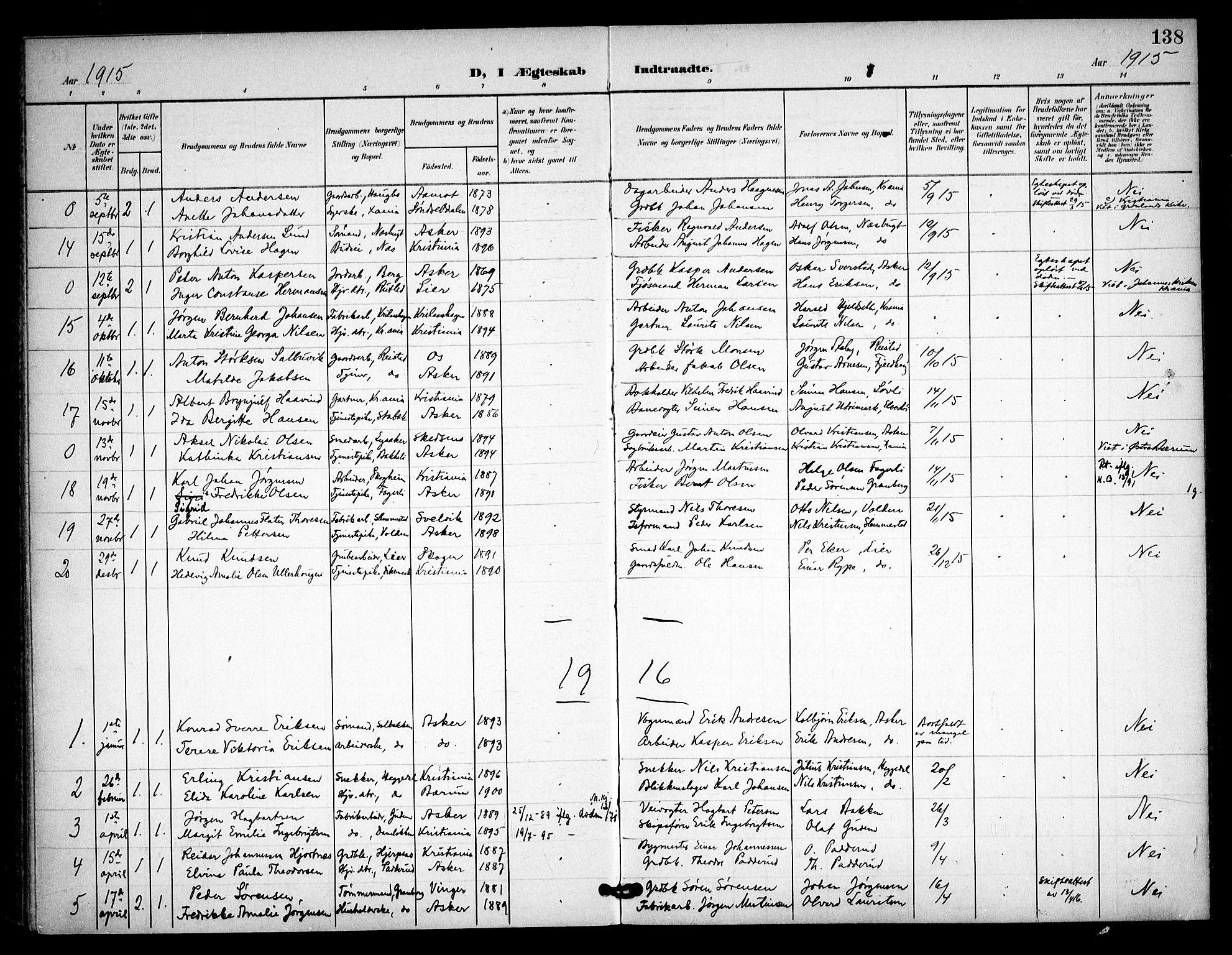 Asker prestekontor Kirkebøker, SAO/A-10256a/F/Fa/L0016: Parish register (official) no. I 16, 1900-1917, p. 138