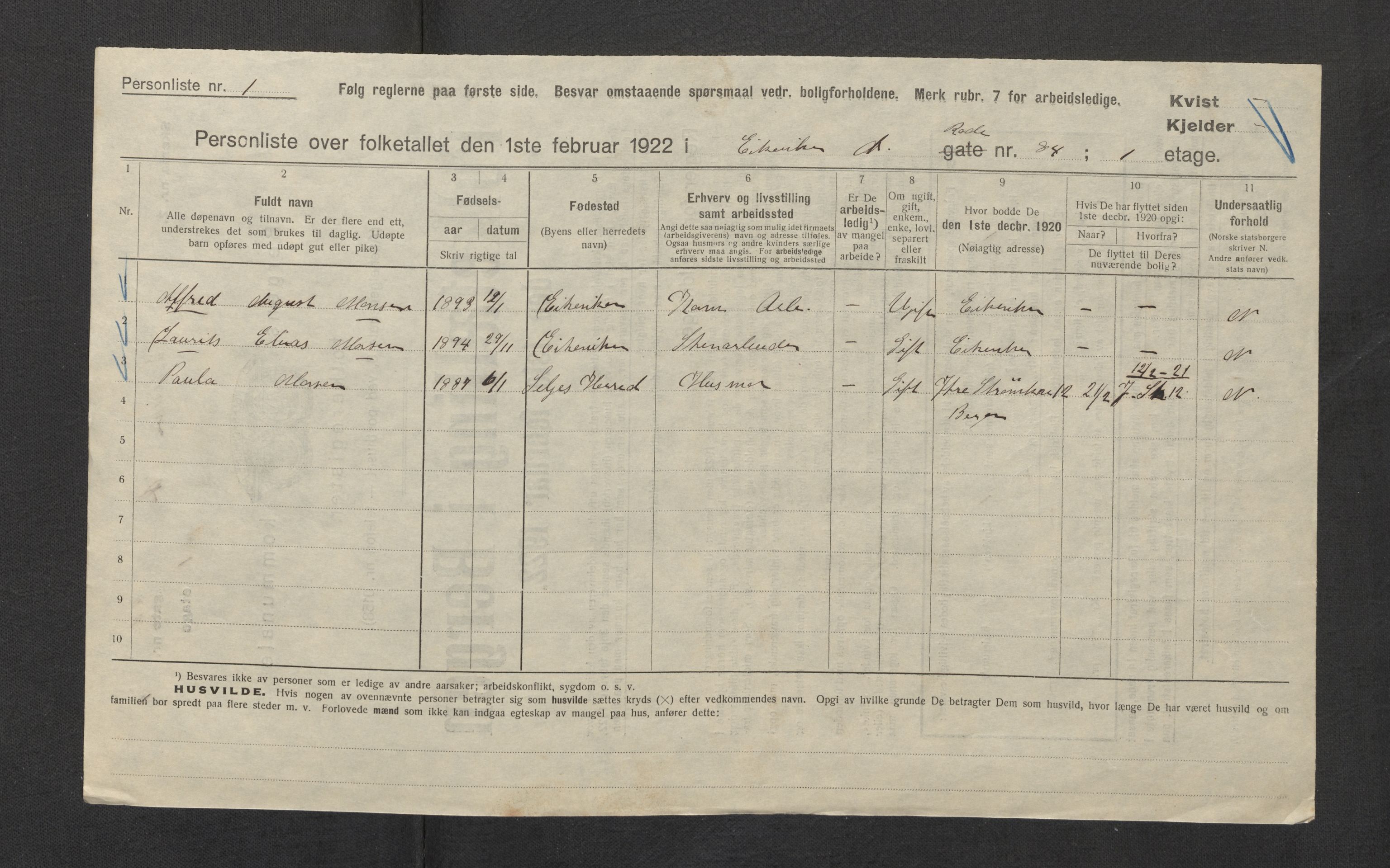 SAB, Municipal Census 1922 for Bergen, 1922, p. 6631