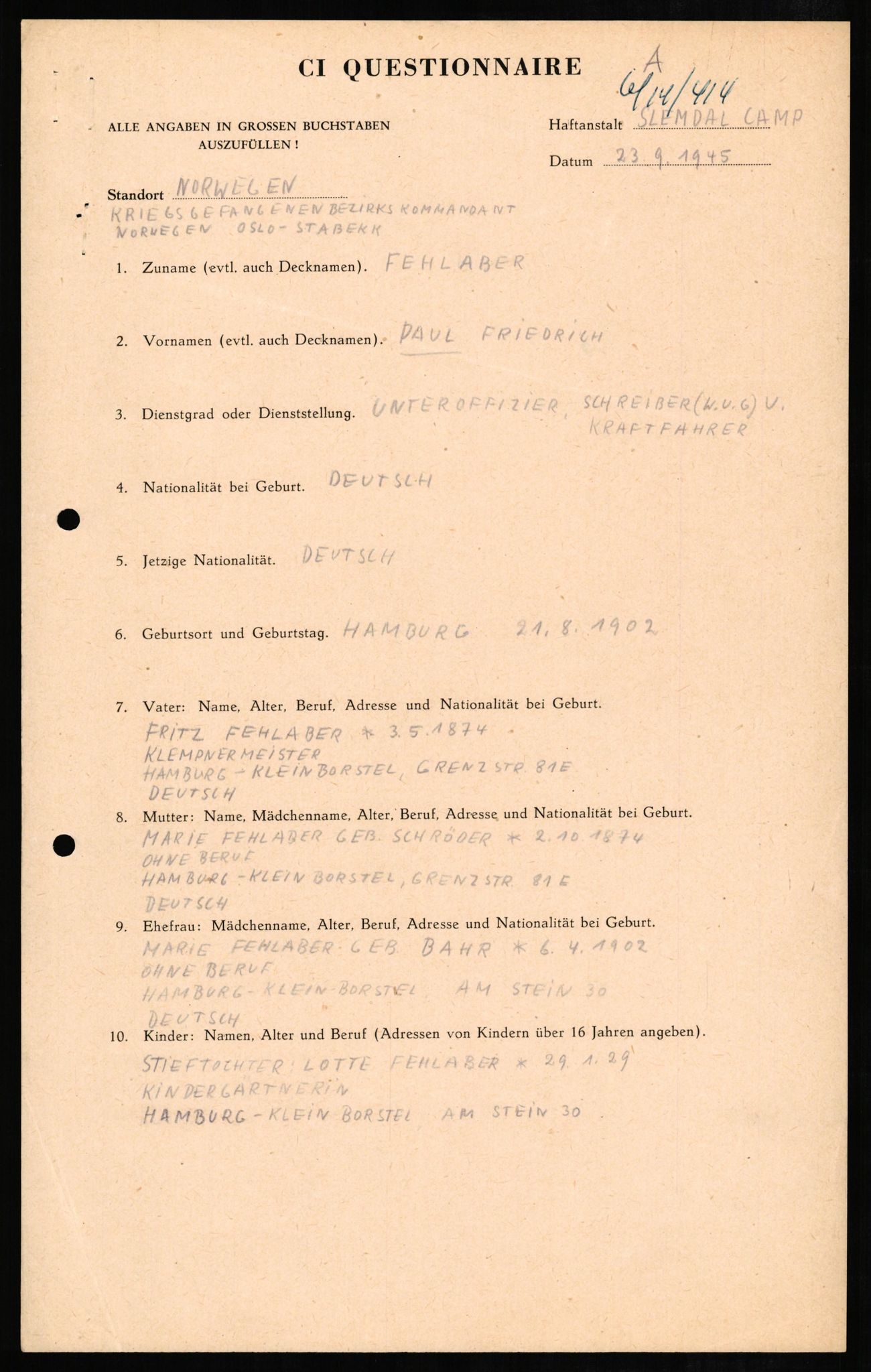 Forsvaret, Forsvarets overkommando II, AV/RA-RAFA-3915/D/Db/L0008: CI Questionaires. Tyske okkupasjonsstyrker i Norge. Tyskere., 1945-1946, p. 10