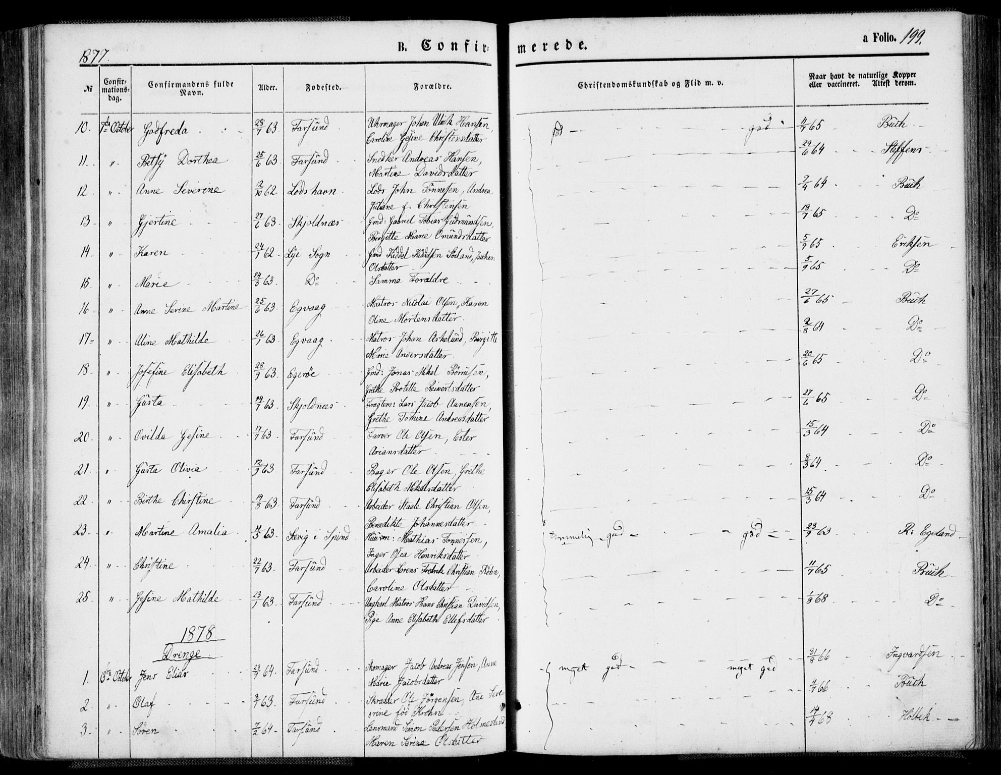 Farsund sokneprestkontor, AV/SAK-1111-0009/F/Fa/L0005: Parish register (official) no. A 5, 1863-1886, p. 199