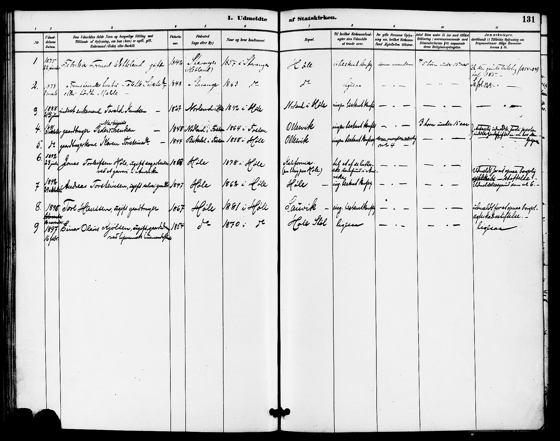 Høgsfjord sokneprestkontor, AV/SAST-A-101624/H/Ha/Haa/L0005: Parish register (official) no. A 5, 1885-1897, p. 131