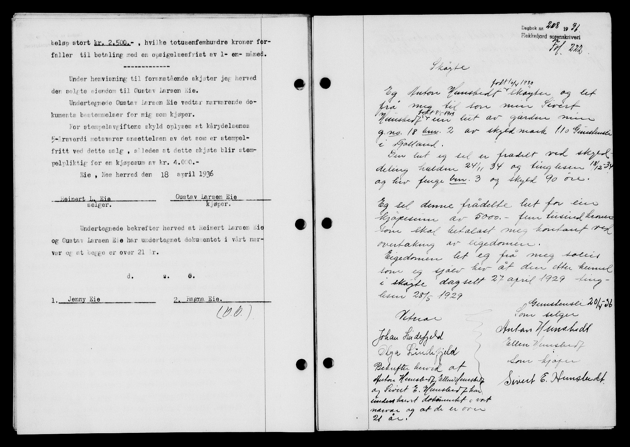 Flekkefjord sorenskriveri, SAK/1221-0001/G/Gb/Gba/L0053: Mortgage book no. A-1, 1936-1937, Diary no: : 208/1936