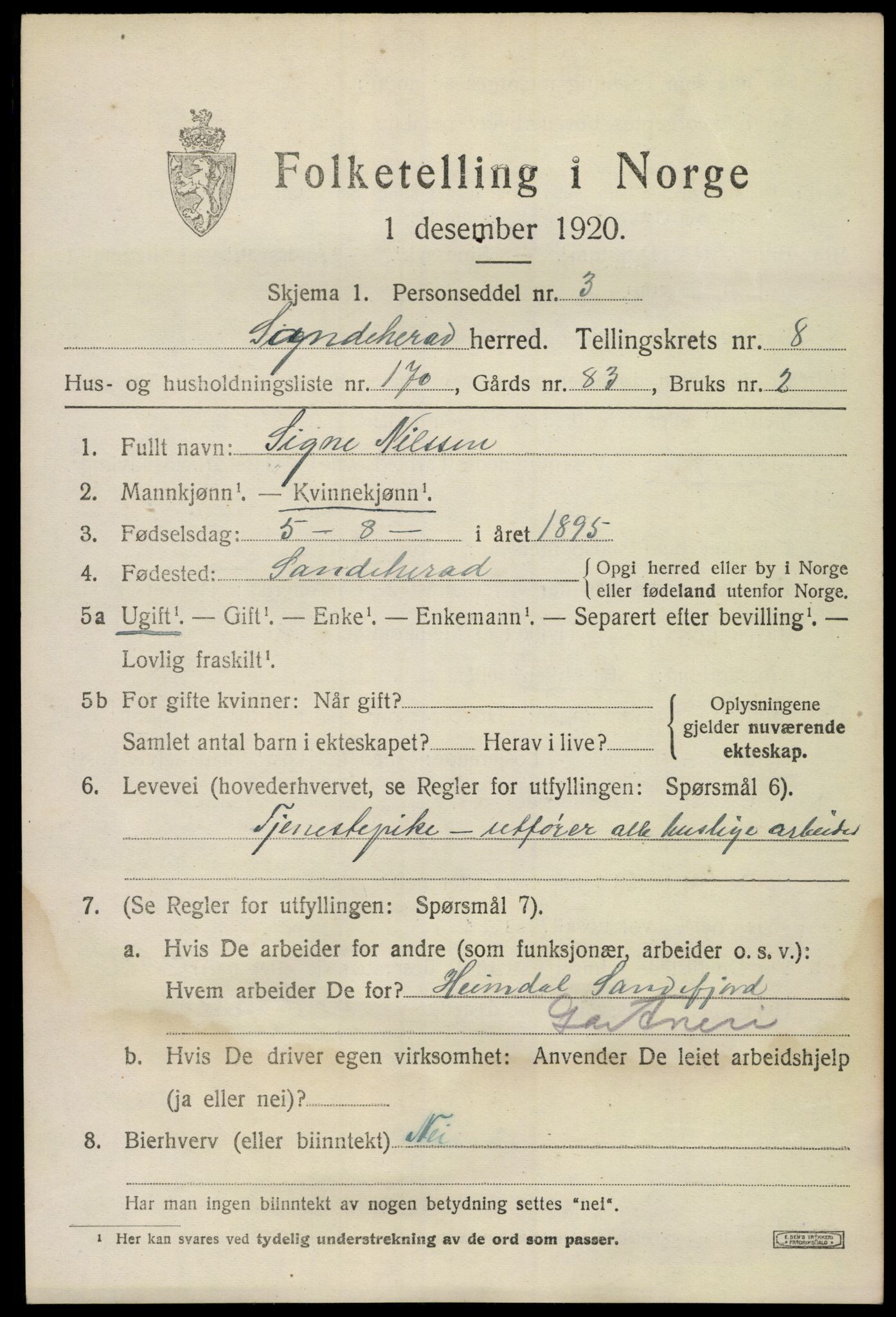 SAKO, 1920 census for Sandeherred, 1920, p. 14274