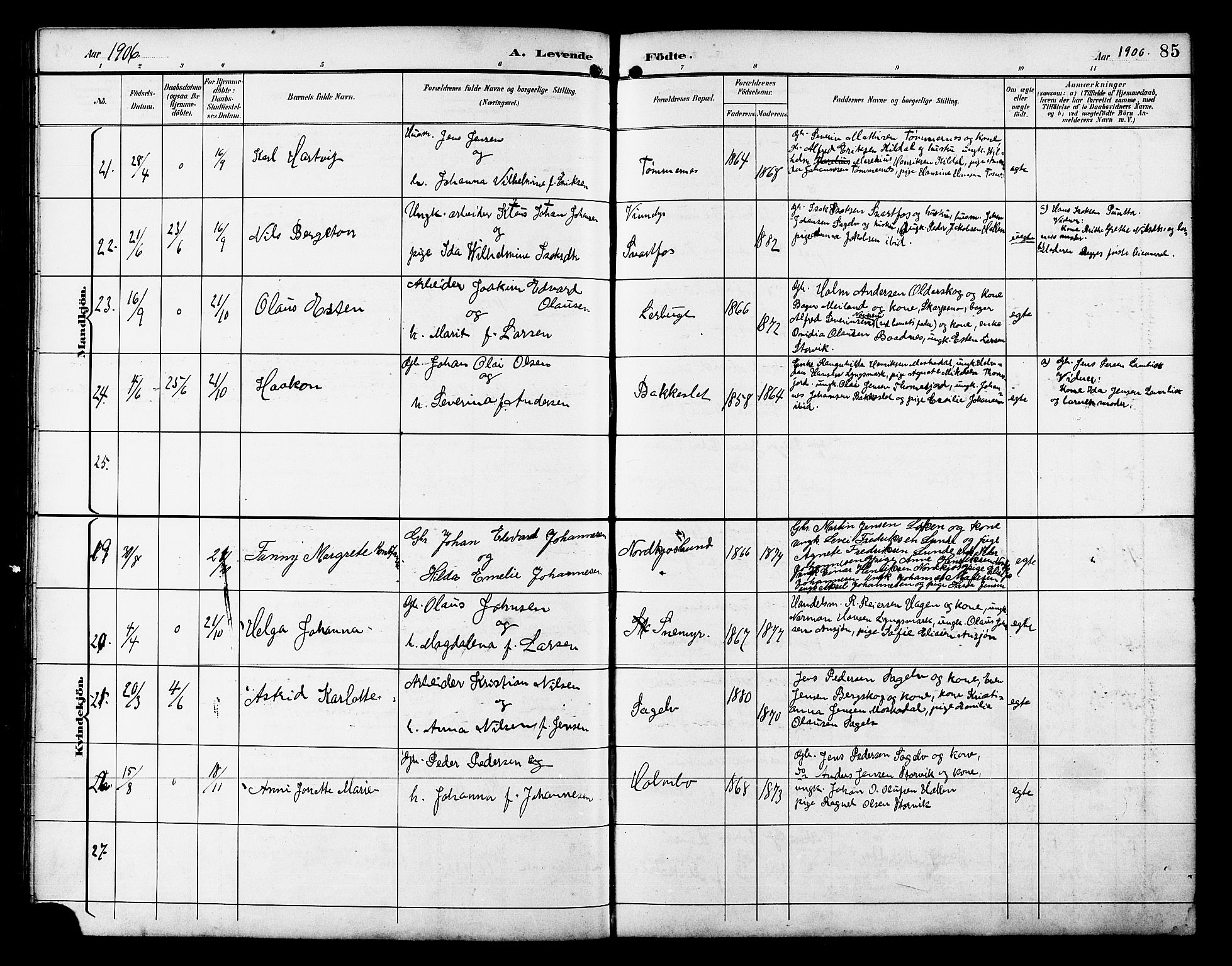 Skjervøy sokneprestkontor, AV/SATØ-S-1300/H/Ha/Hab/L0021klokker: Parish register (copy) no. 21, 1893-1910, p. 85