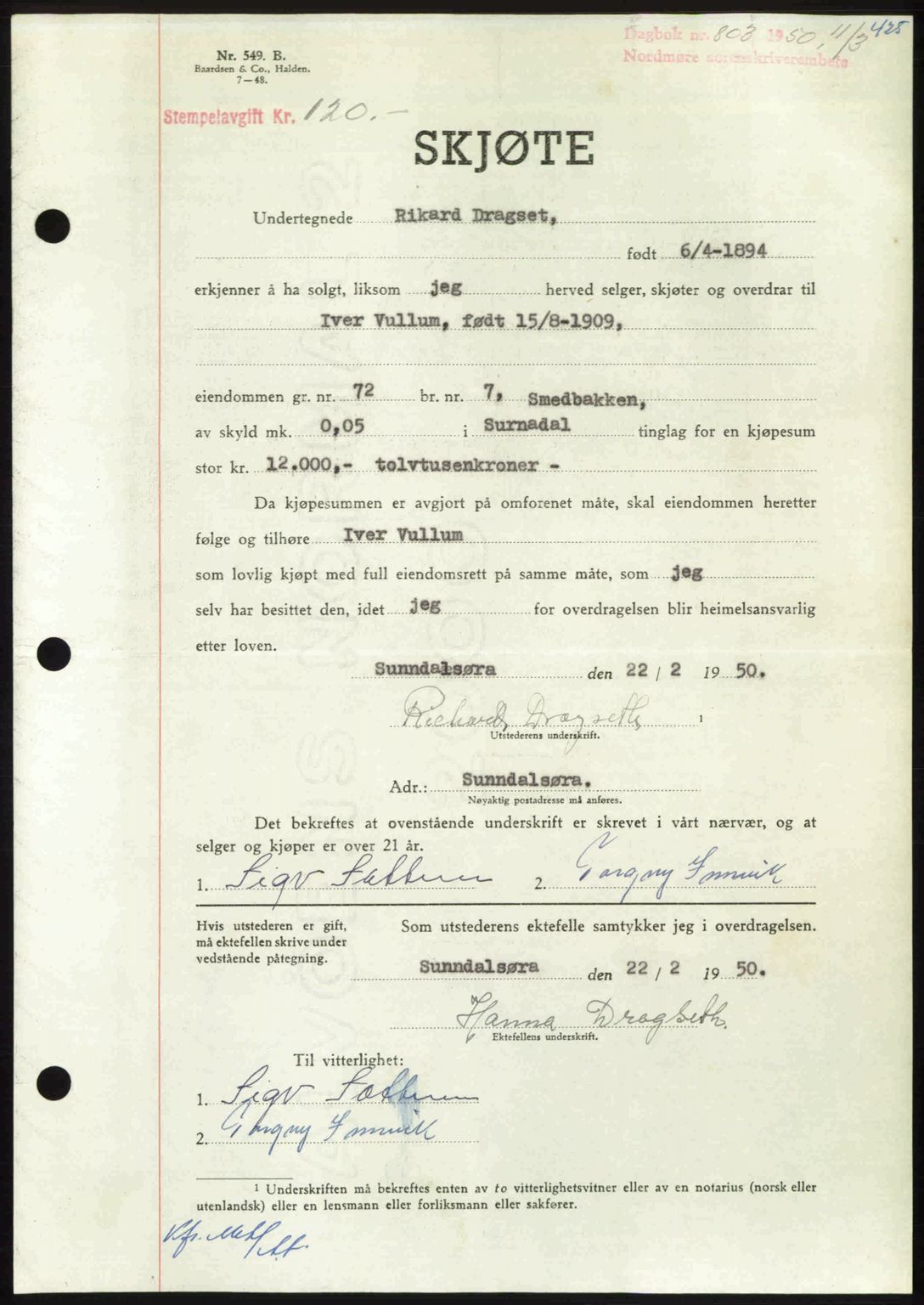 Nordmøre sorenskriveri, AV/SAT-A-4132/1/2/2Ca: Mortgage book no. A114, 1950-1950, Diary no: : 803/1950