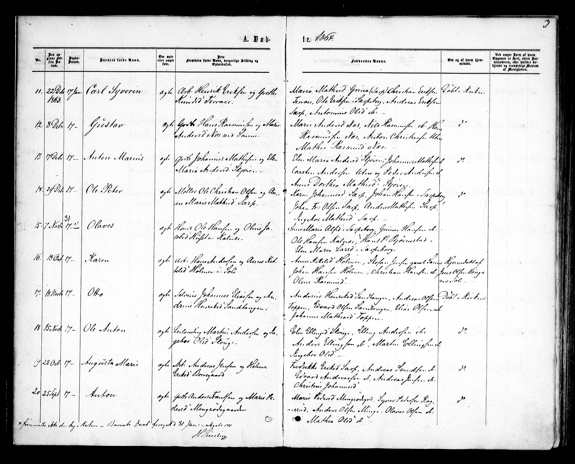 Tune prestekontor Kirkebøker, AV/SAO-A-2007/F/Fa/L0014: Parish register (official) no. 14, 1864-1868, p. 3