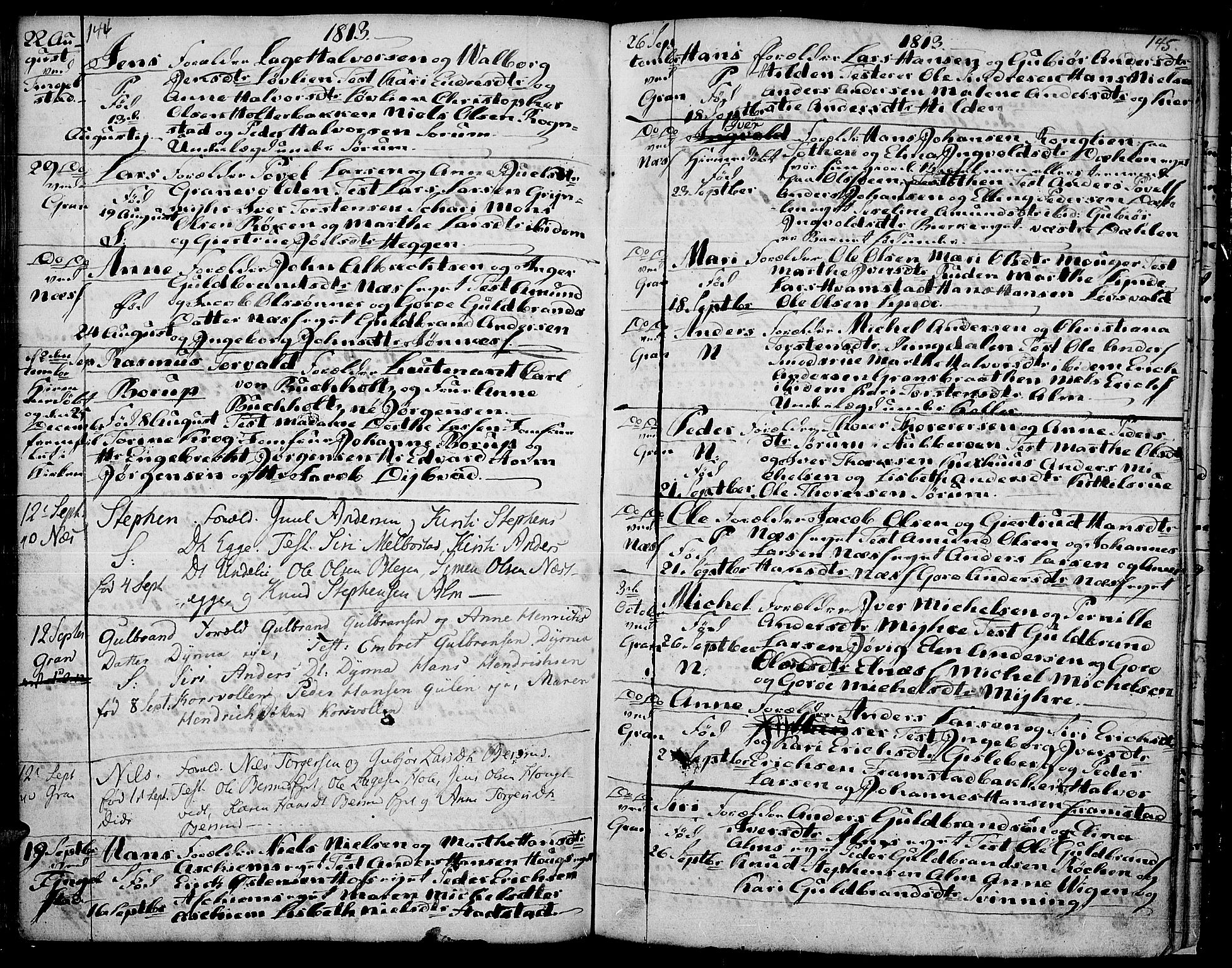 Gran prestekontor, SAH/PREST-112/H/Ha/Haa/L0007: Parish register (official) no. 7, 1804-1815, p. 144-145