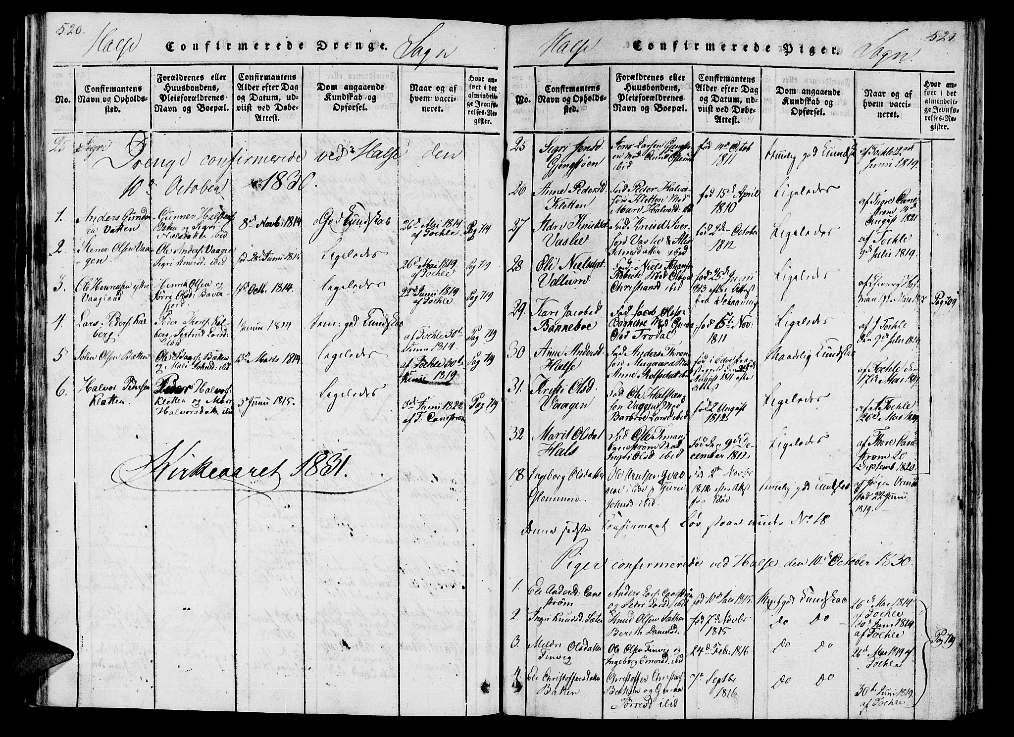 Ministerialprotokoller, klokkerbøker og fødselsregistre - Møre og Romsdal, AV/SAT-A-1454/592/L1023: Parish register (official) no. 592A02, 1820-1830, p. 520-521