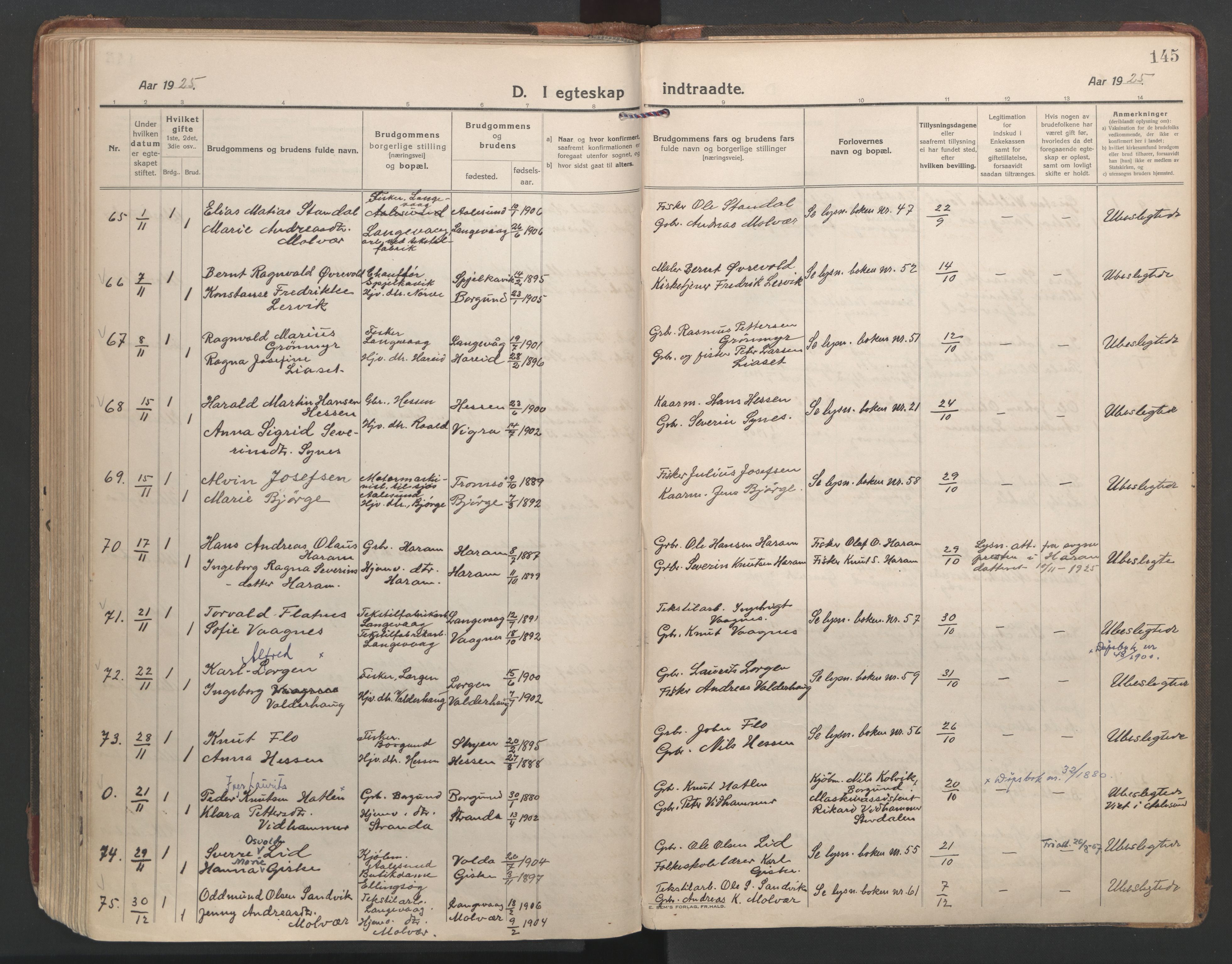 Ministerialprotokoller, klokkerbøker og fødselsregistre - Møre og Romsdal, SAT/A-1454/528/L0412: Parish register (official) no. 528A21, 1920-1926, p. 145