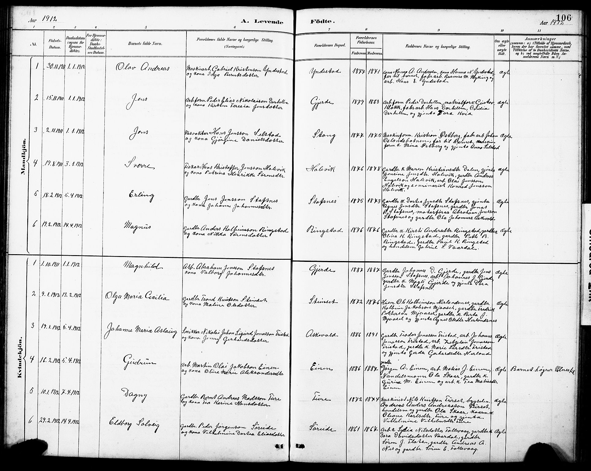 Askvoll sokneprestembete, AV/SAB-A-79501/H/Hab/Haba/L0003: Parish register (copy) no. A 3, 1886-1928, p. 106