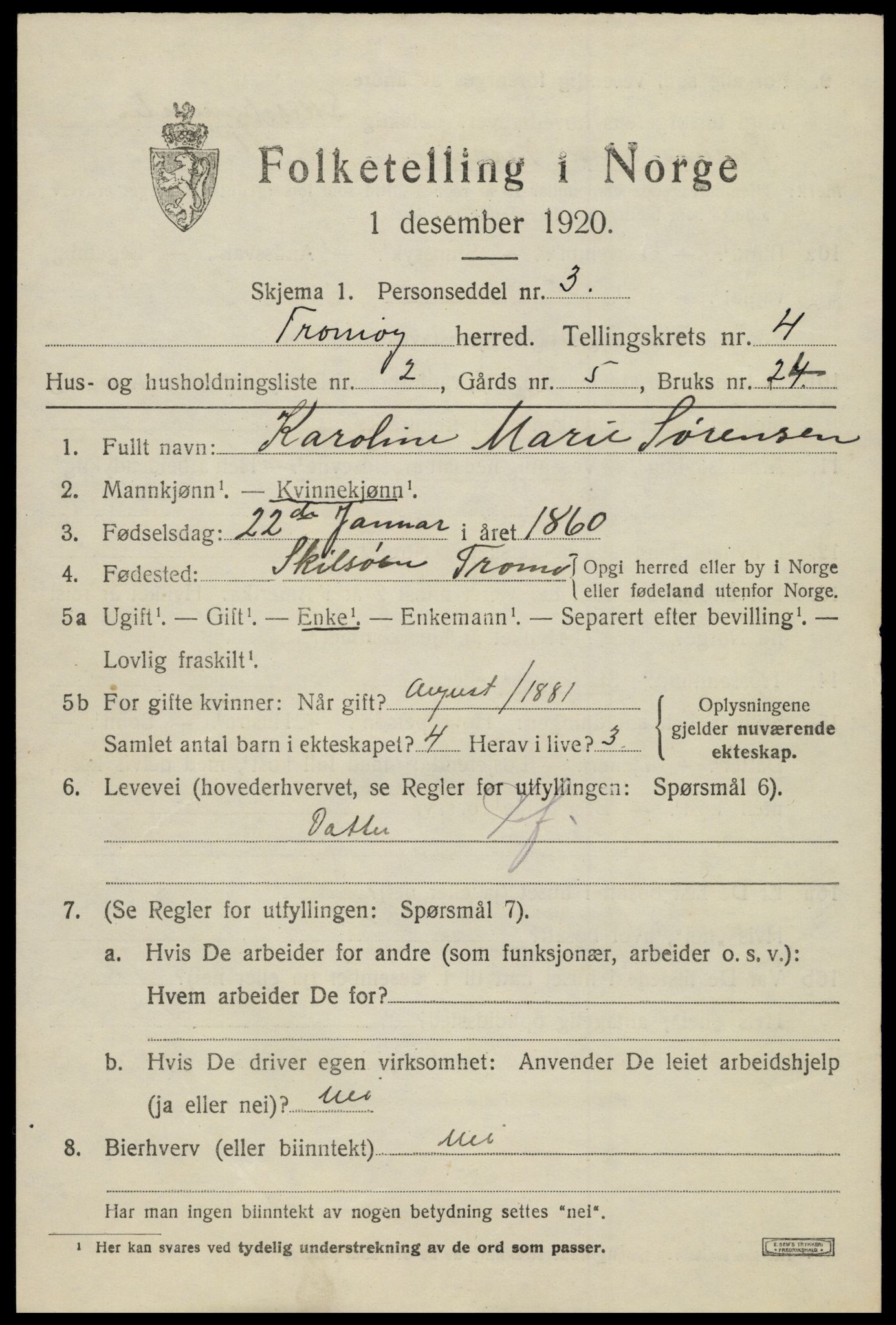 SAK, 1920 census for Tromøy, 1920, p. 2387