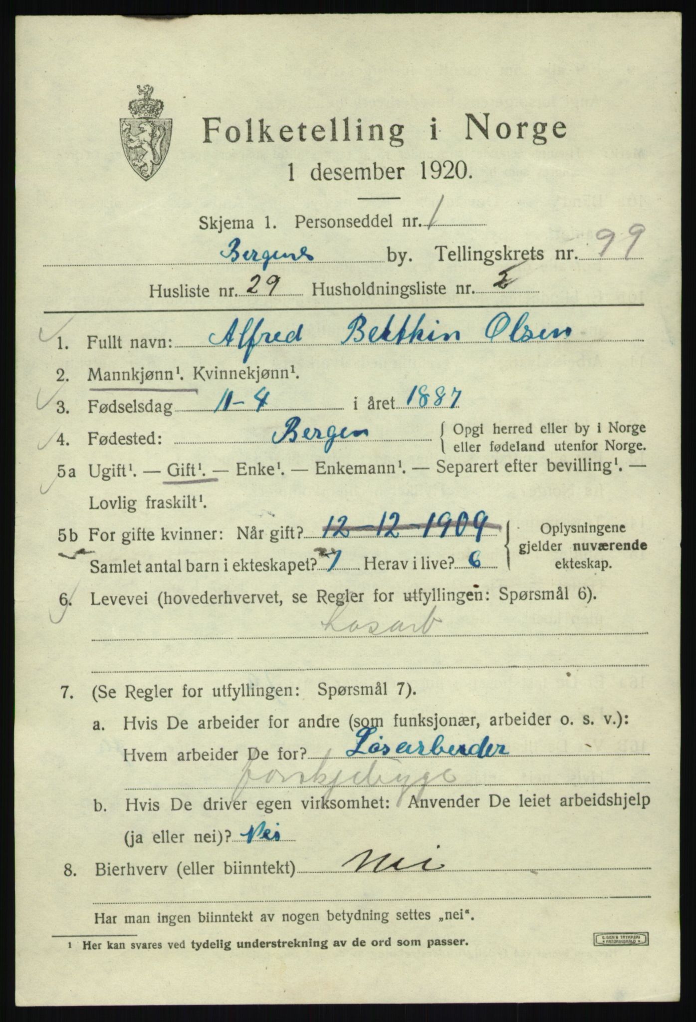 SAB, 1920 census for Bergen, 1920, p. 174754