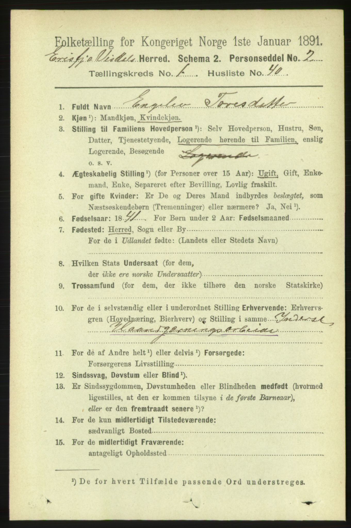 RA, 1891 census for 1542 Eresfjord og Vistdal, 1891, p. 305