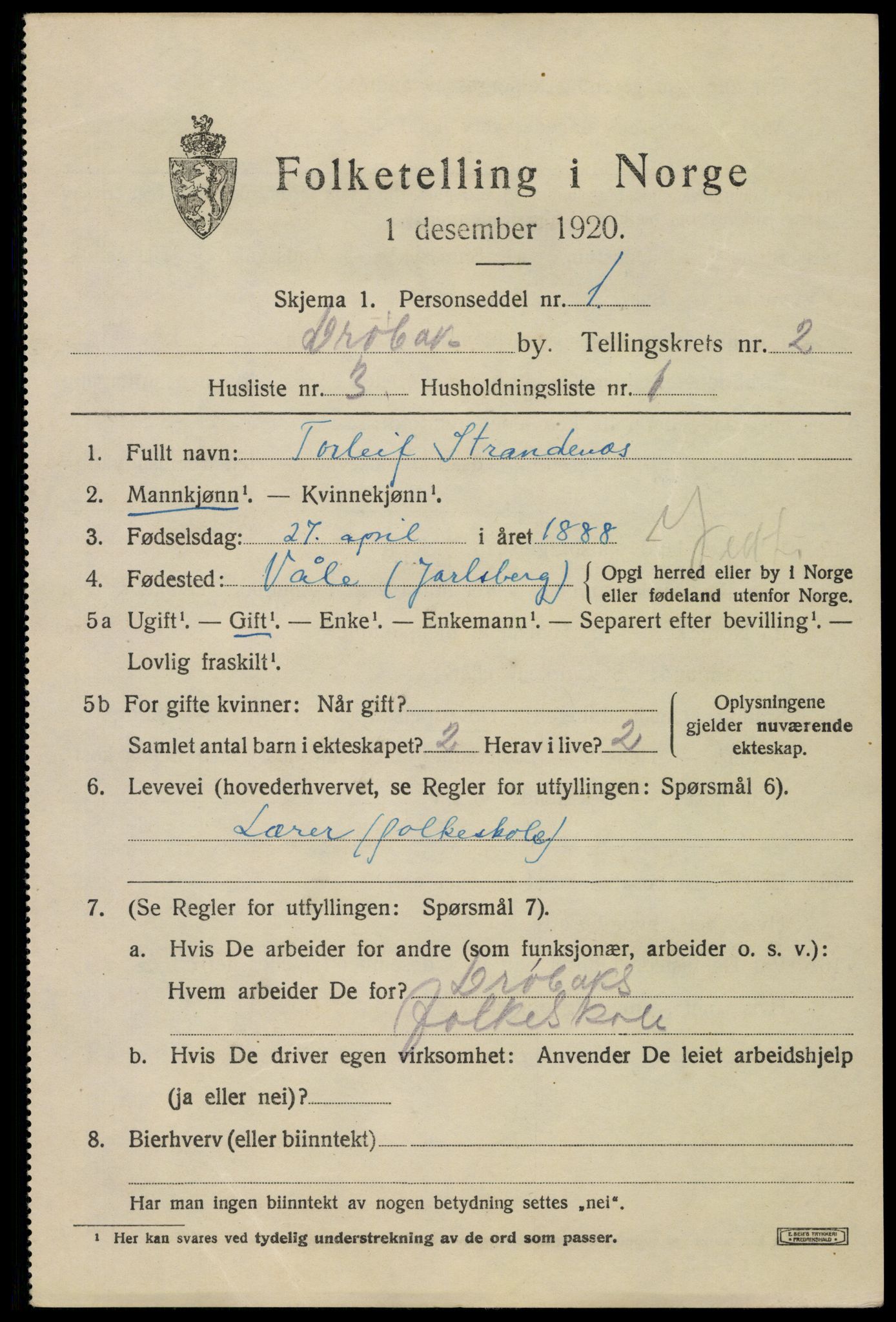 SAO, 1920 census for Drøbak, 1920, p. 2695