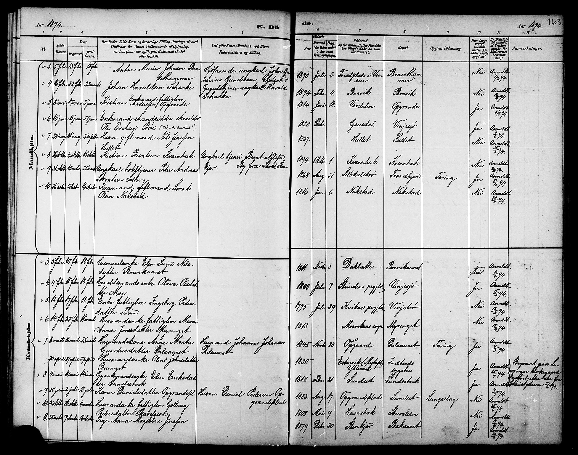 Ministerialprotokoller, klokkerbøker og fødselsregistre - Nord-Trøndelag, SAT/A-1458/733/L0327: Parish register (copy) no. 733C02, 1888-1918, p. 163