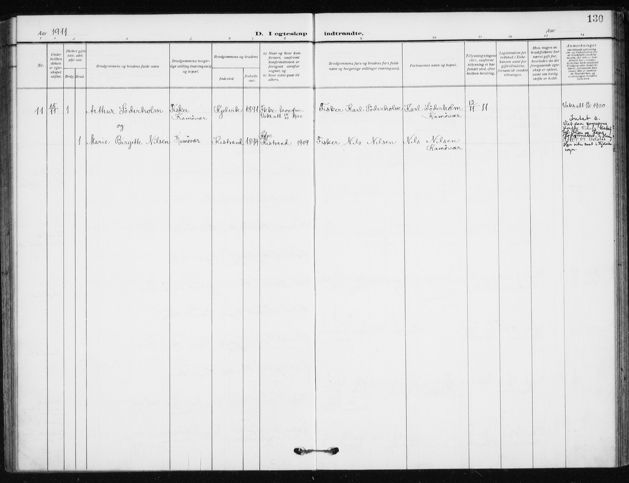 Kjelvik/Nordkapp sokneprestkontor, SATØ/S-1350/H/Ha/L0001kirke: Parish register (official) no. 1, 1911-1919, p. 130