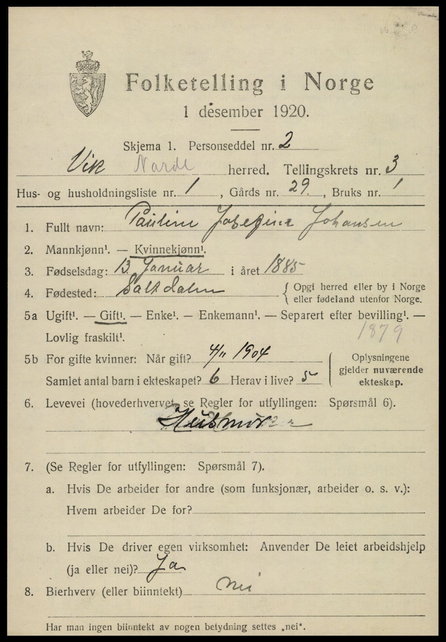 SAT, 1920 census for Vik, 1920, p. 1447