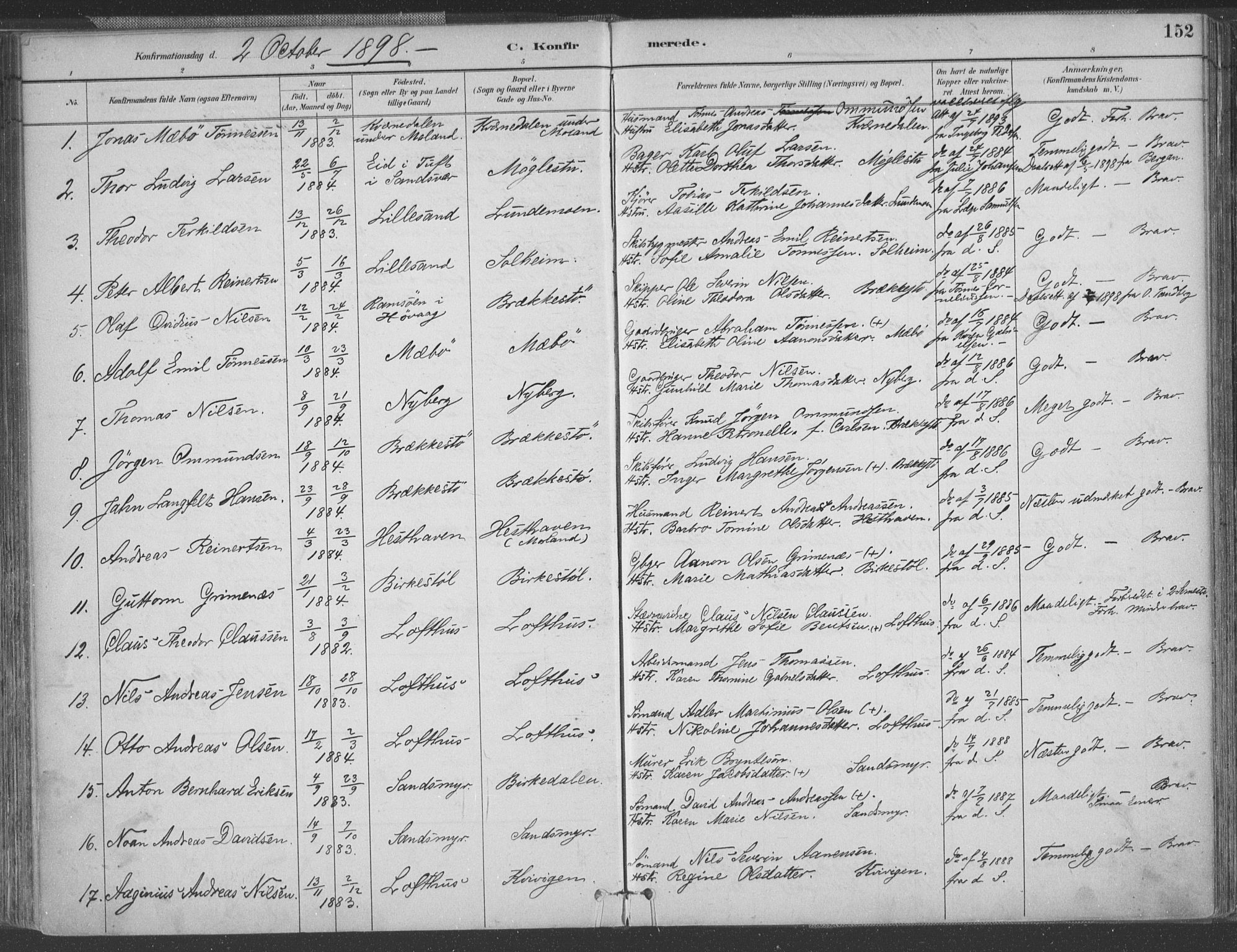 Vestre Moland sokneprestkontor, AV/SAK-1111-0046/F/Fa/Fab/L0009: Parish register (official) no. A 9, 1884-1899, p. 152