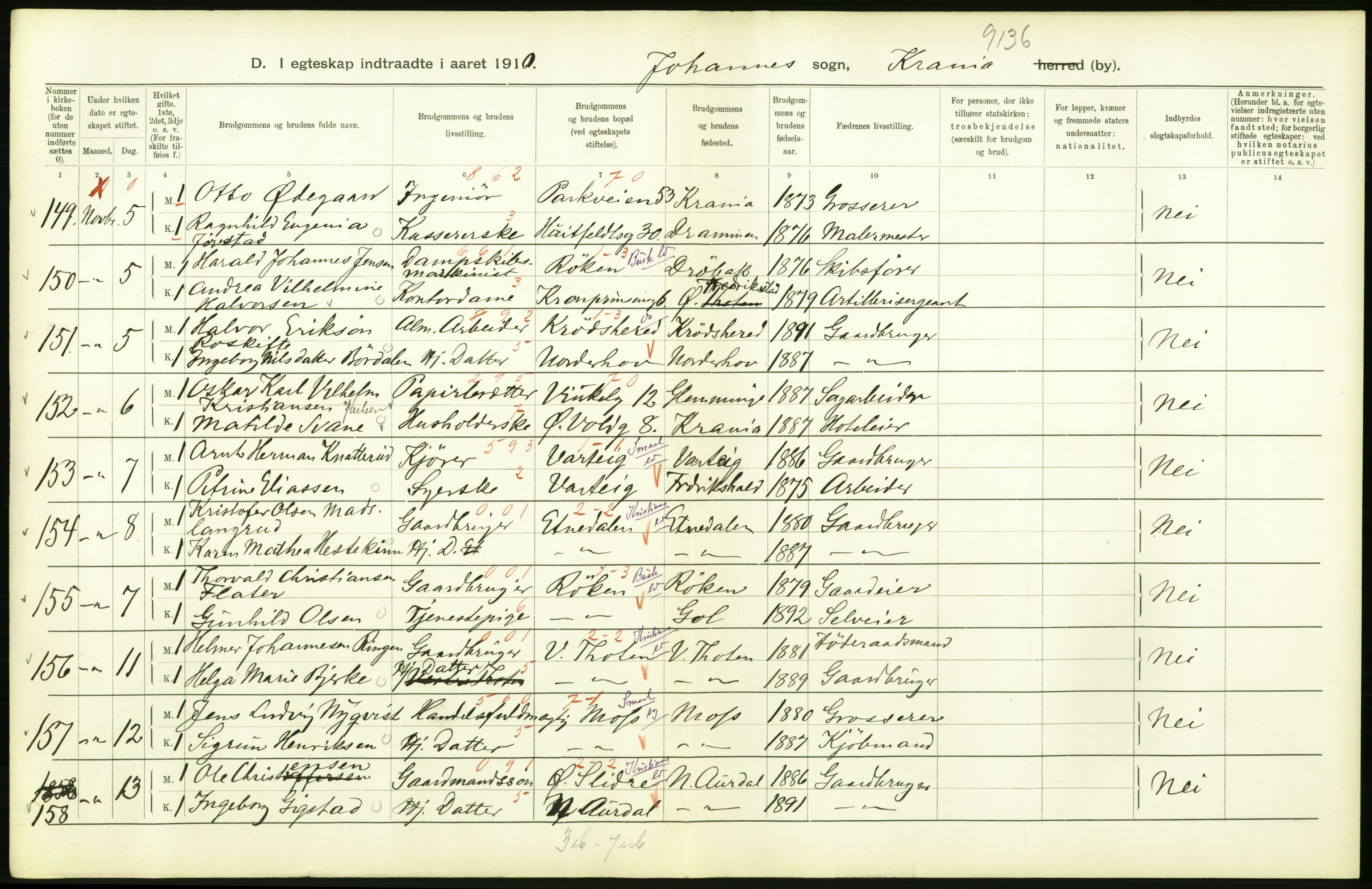 Statistisk sentralbyrå, Sosiodemografiske emner, Befolkning, AV/RA-S-2228/D/Df/Dfa/Dfah/L0009: Kristiania: Gifte og dødfødte., 1910, p. 190