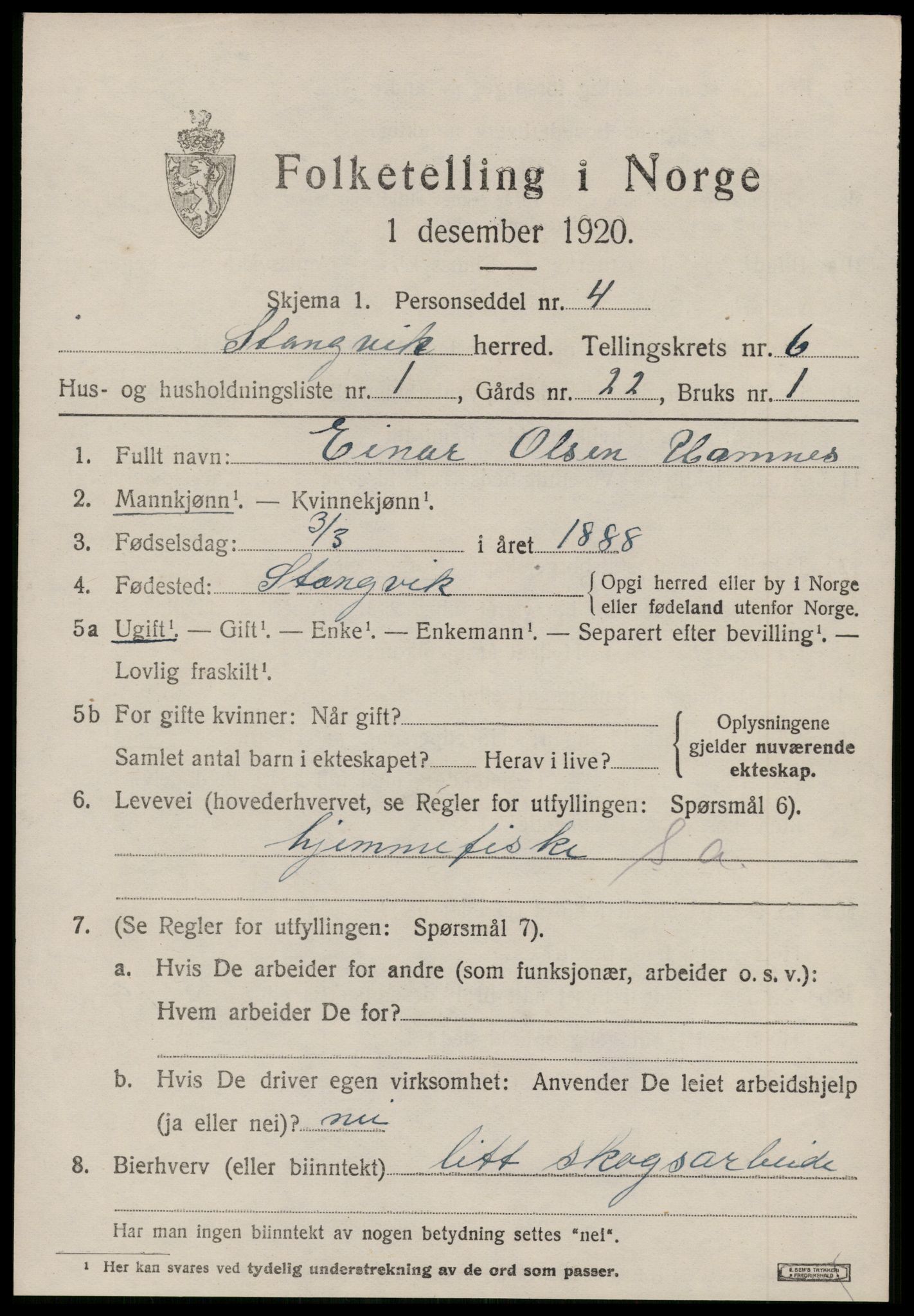 SAT, 1920 census for Stangvik, 1920, p. 3830