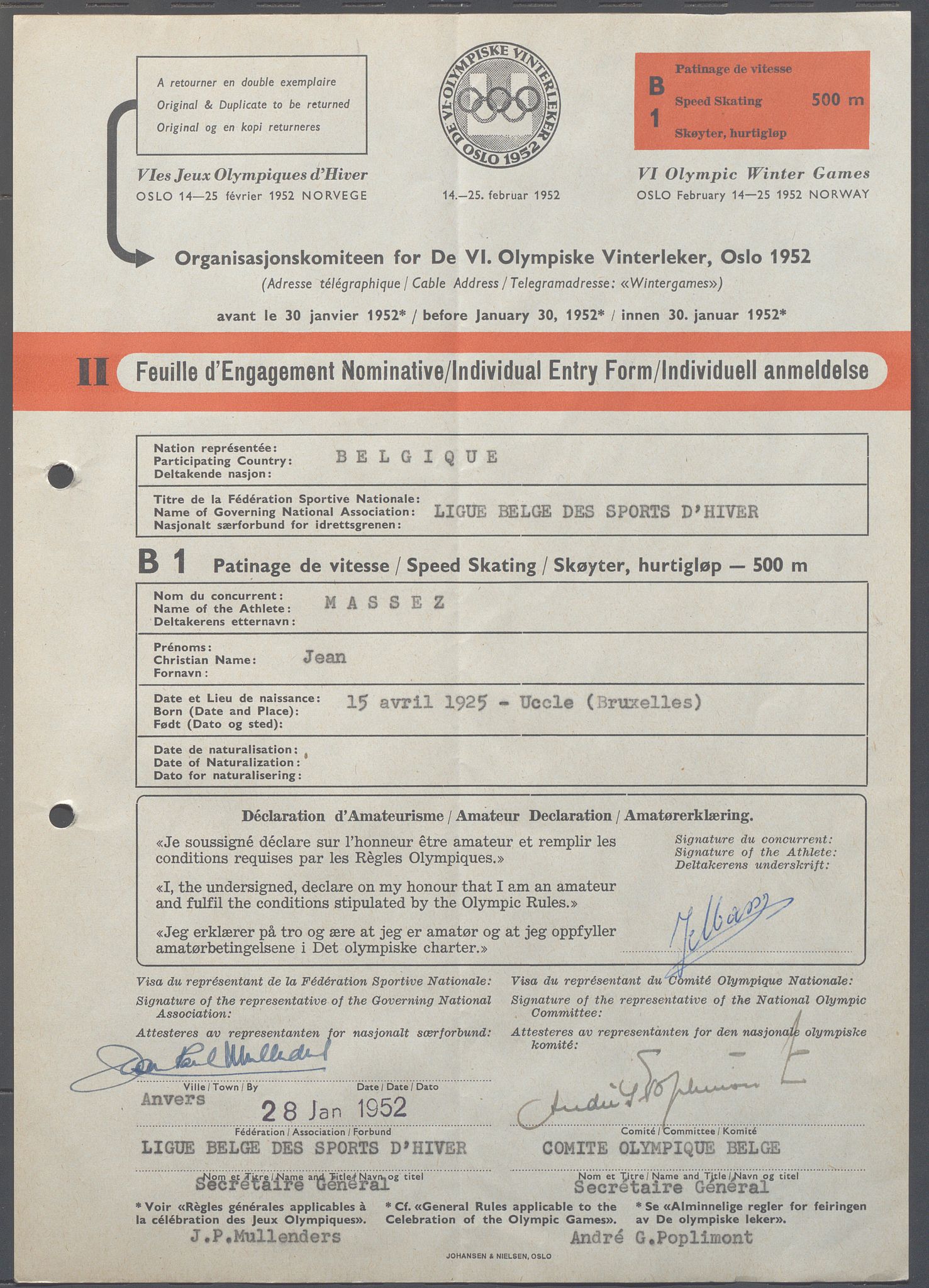 Organisasjonskomiteen for de VI. olympiske vinterleker, OBA/A-20130/H/Ha, 1951-1952, p. 992