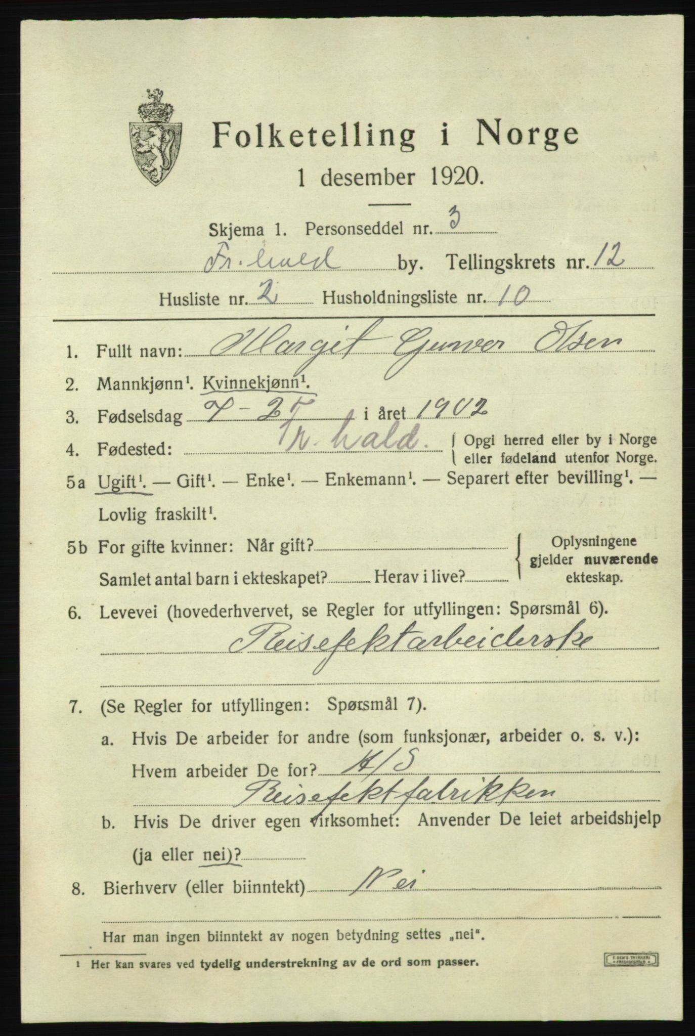 SAO, 1920 census for Fredrikshald, 1920, p. 19923