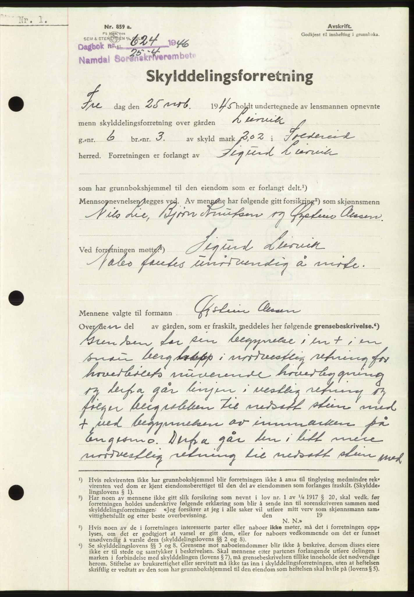 Namdal sorenskriveri, AV/SAT-A-4133/1/2/2C: Mortgage book no. -, 1946-1946, Diary no: : 624/1946