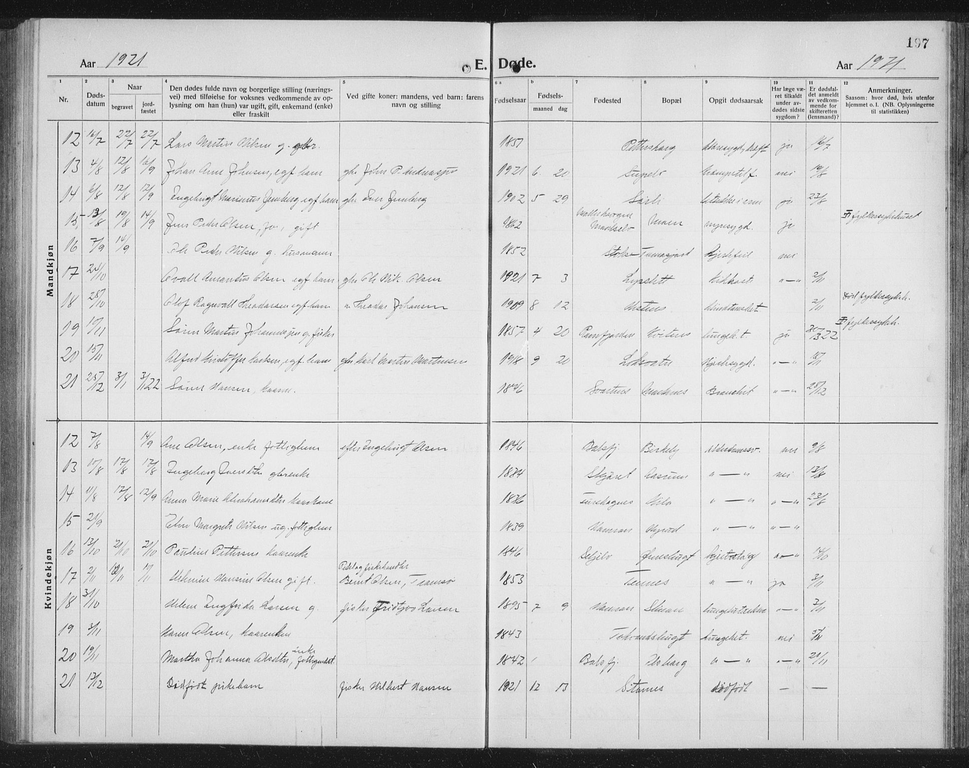 Balsfjord sokneprestembete, AV/SATØ-S-1303/G/Ga/L0010klokker: Parish register (copy) no. 10, 1921-1936, p. 197