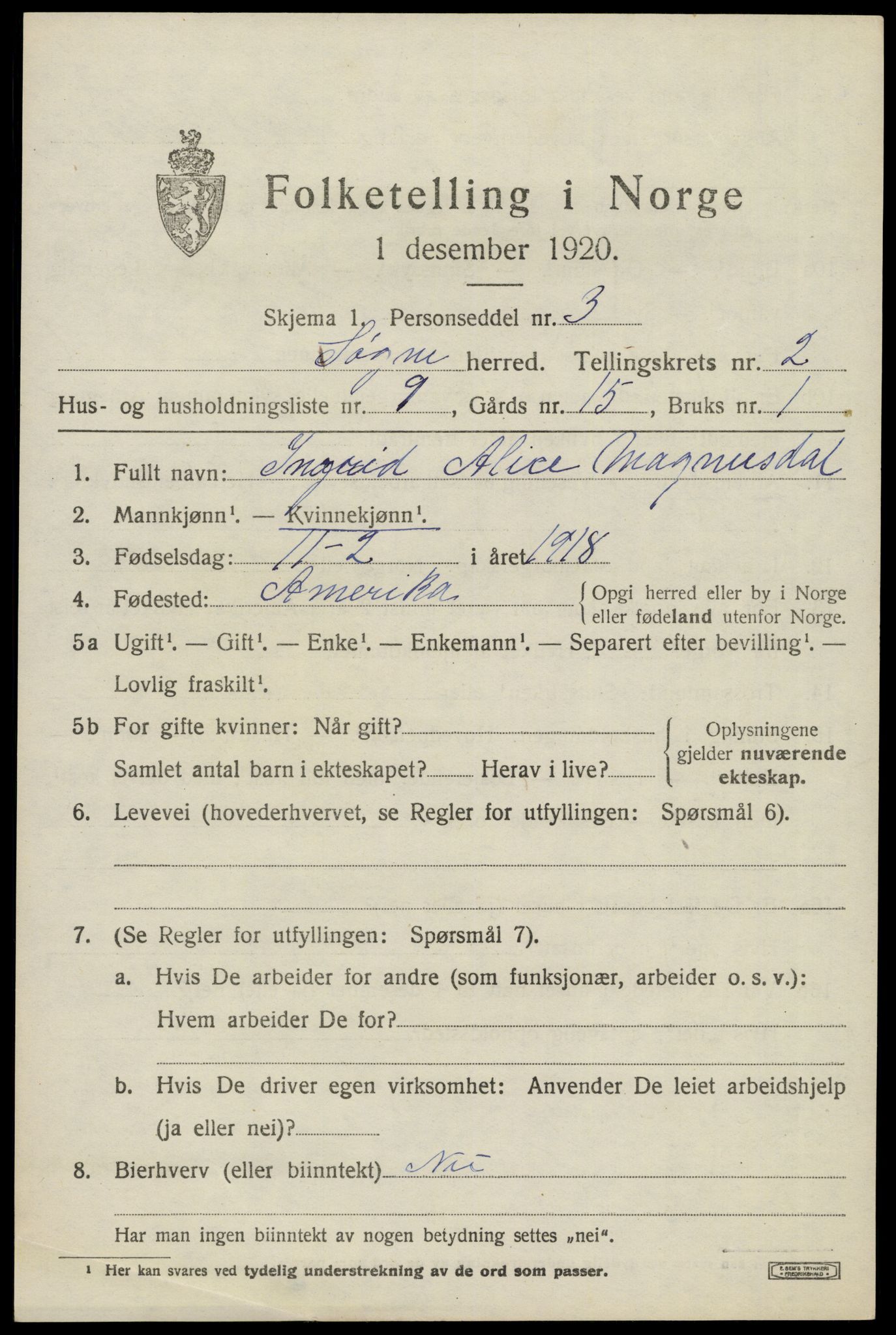 SAK, 1920 census for Søgne, 1920, p. 1529