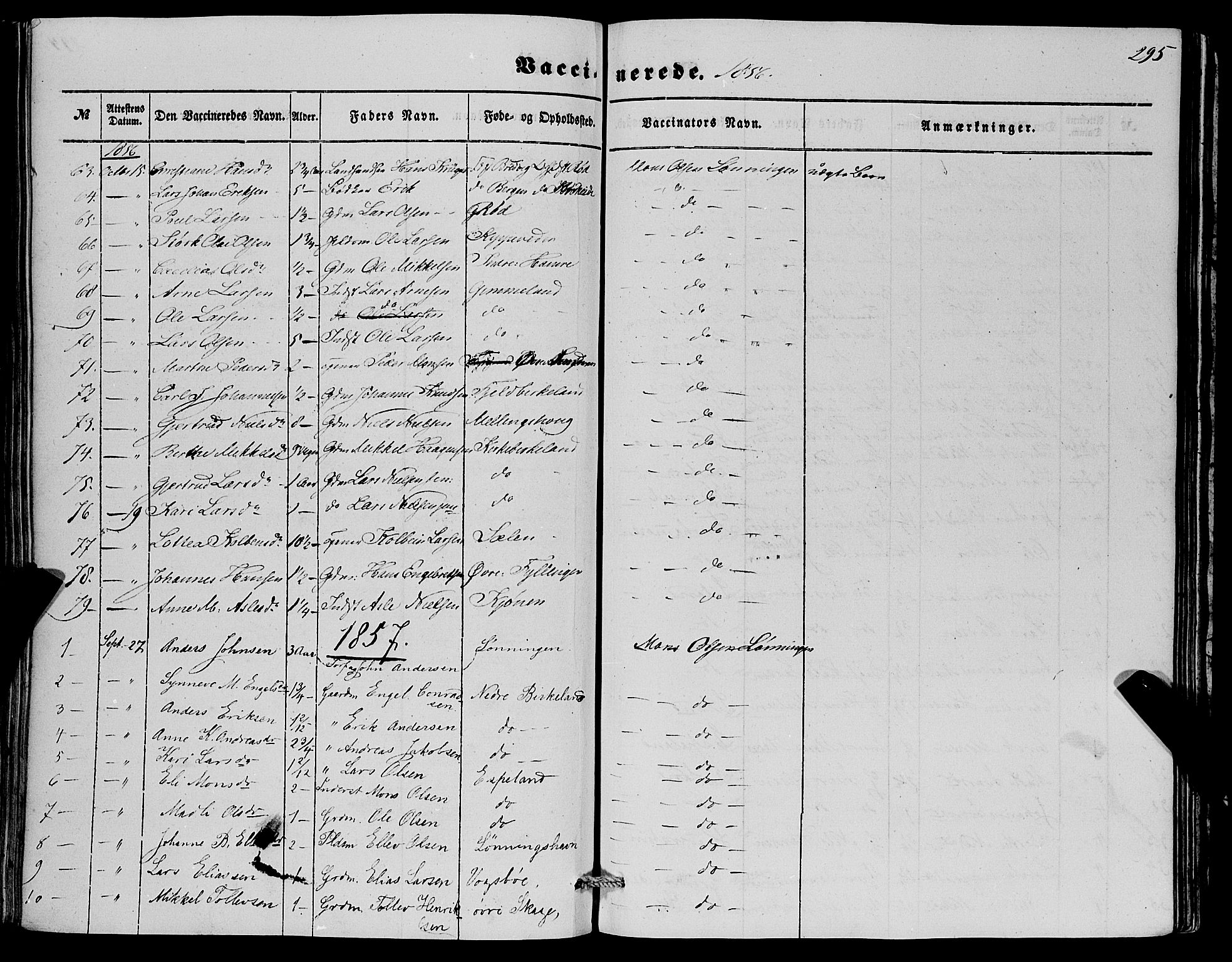 Fana Sokneprestembete, AV/SAB-A-75101/H/Haa/Haaa/L0011: Parish register (official) no. A 11, 1851-1862, p. 295