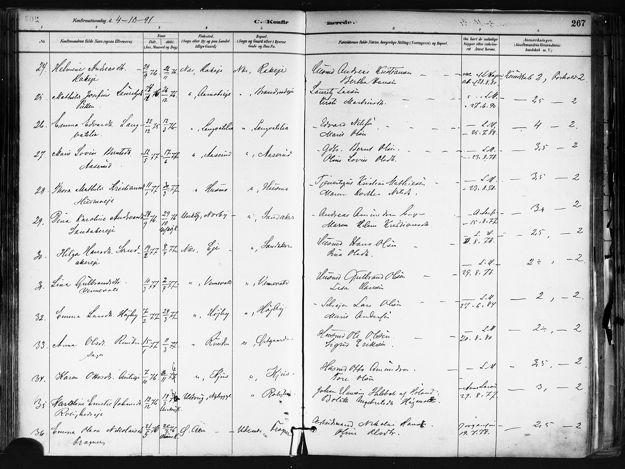 Nes prestekontor Kirkebøker, AV/SAO-A-10410/F/Fa/L0010: Parish register (official) no. I 10, 1883-1898, p. 267