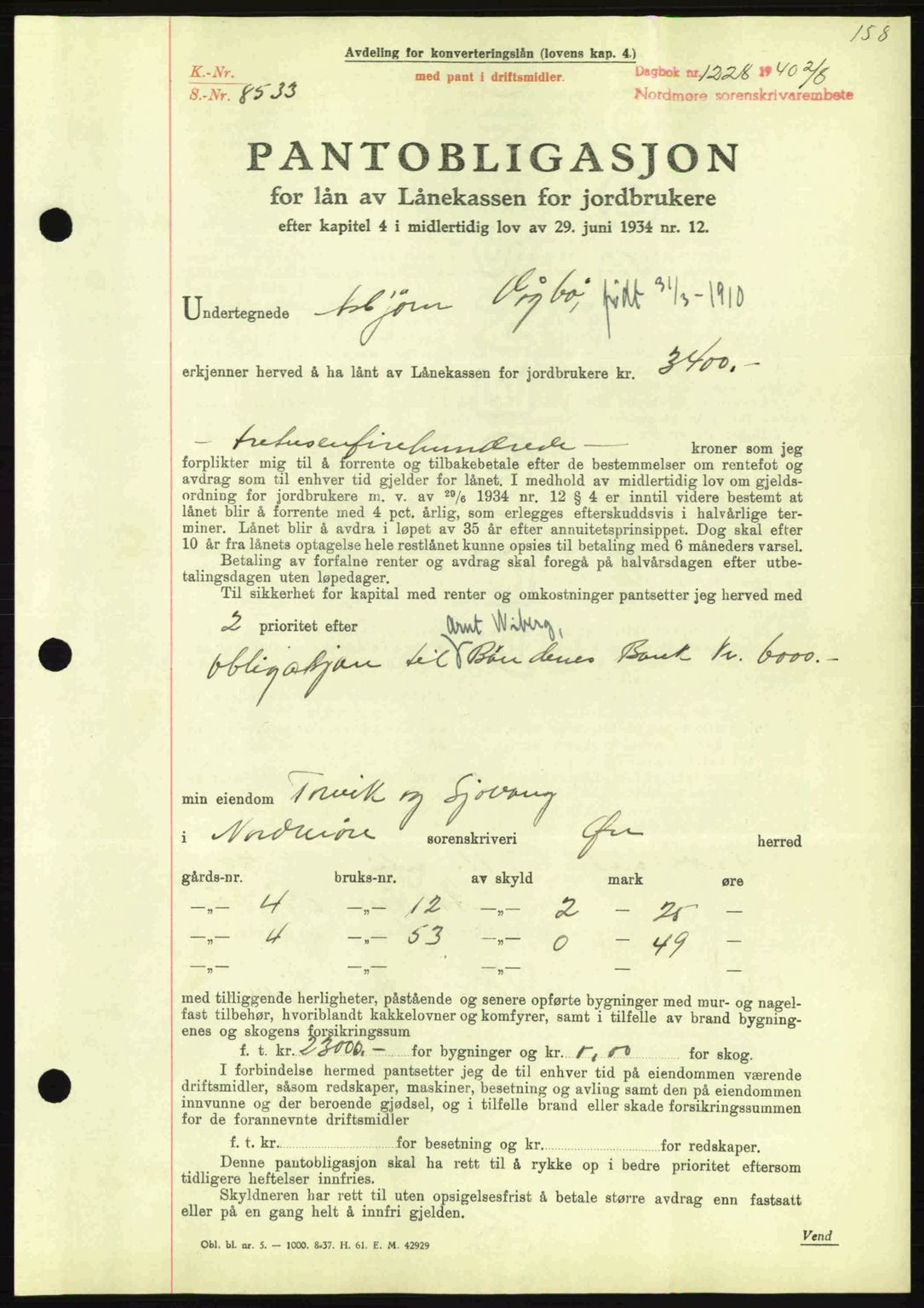 Nordmøre sorenskriveri, AV/SAT-A-4132/1/2/2Ca: Mortgage book no. B87, 1940-1941, Diary no: : 1228/1940