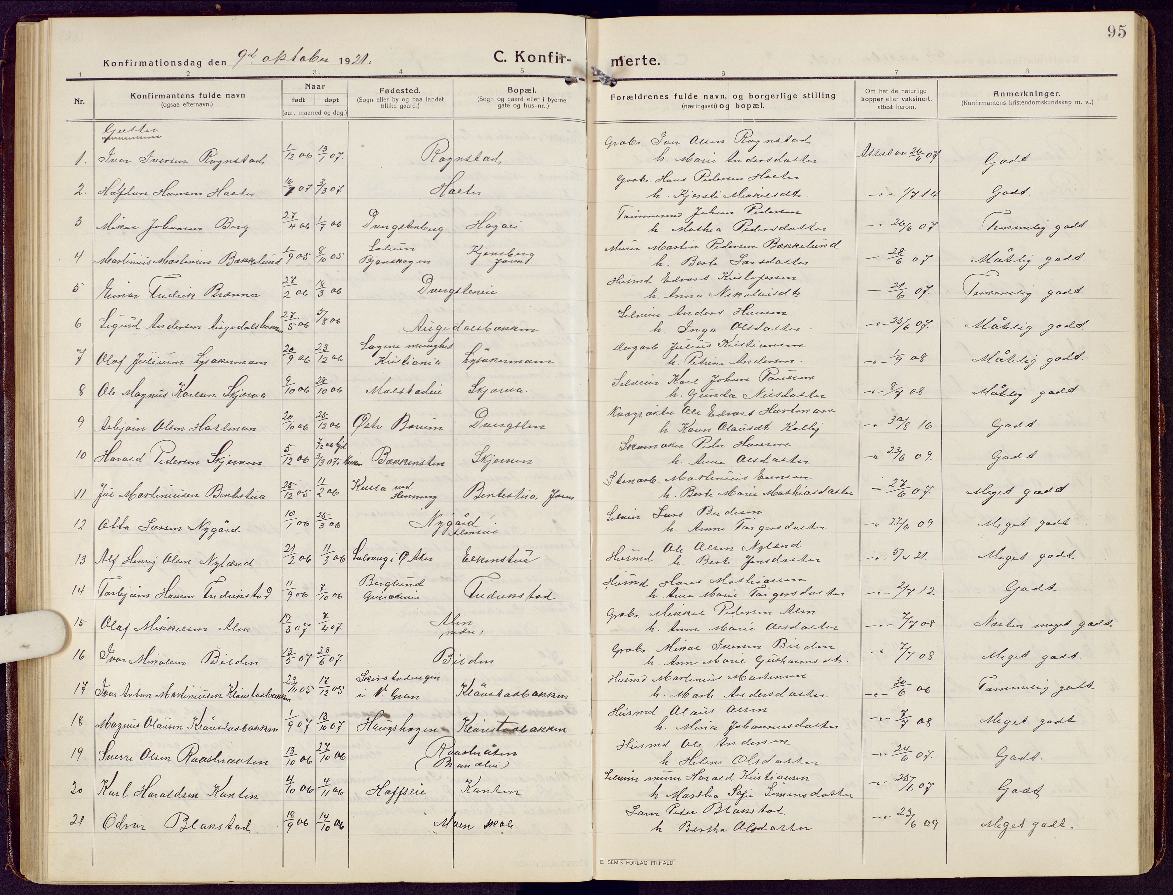 Brandbu prestekontor, SAH/PREST-114/H/Ha/Hab/L0010: Parish register (copy) no. 10, 1916-1930, p. 95
