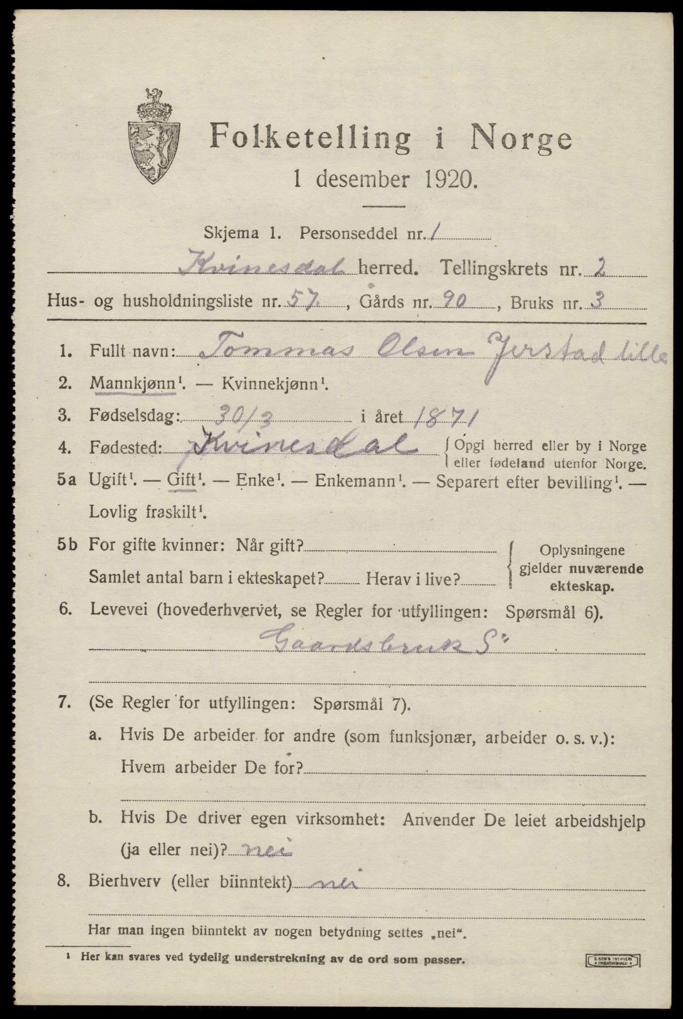 SAK, 1920 census for Kvinesdal, 1920, p. 2453