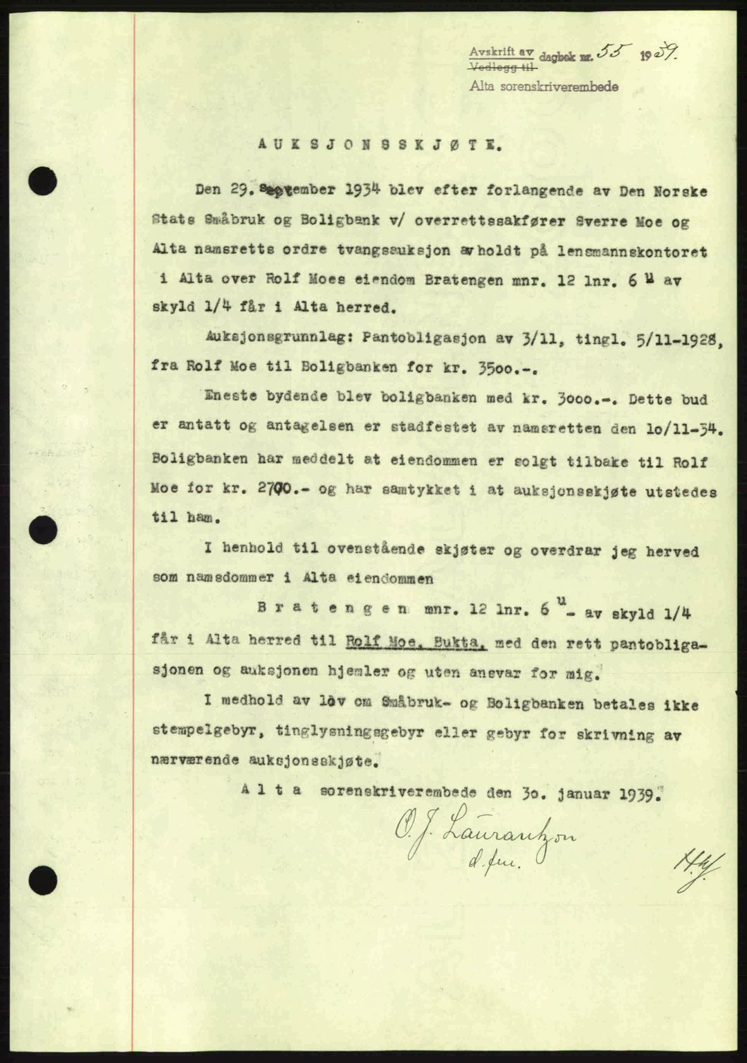 Alta fogderi/sorenskriveri, SATØ/SATØ-5/1/K/Kd/L0031pantebok: Mortgage book no. 31, 1938-1939, Diary no: : 55/1939