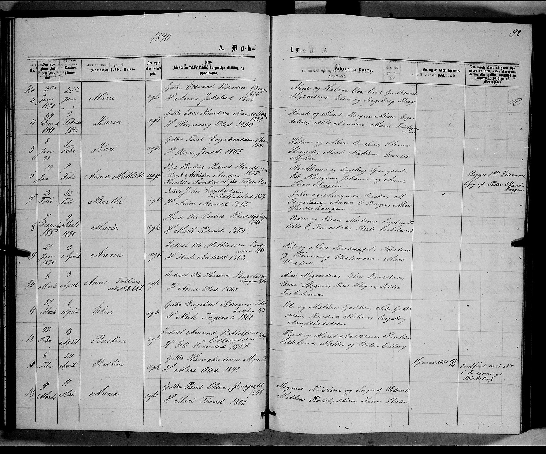 Ringebu prestekontor, AV/SAH-PREST-082/H/Ha/Hab/L0006: Parish register (copy) no. 6, 1880-1898, p. 92