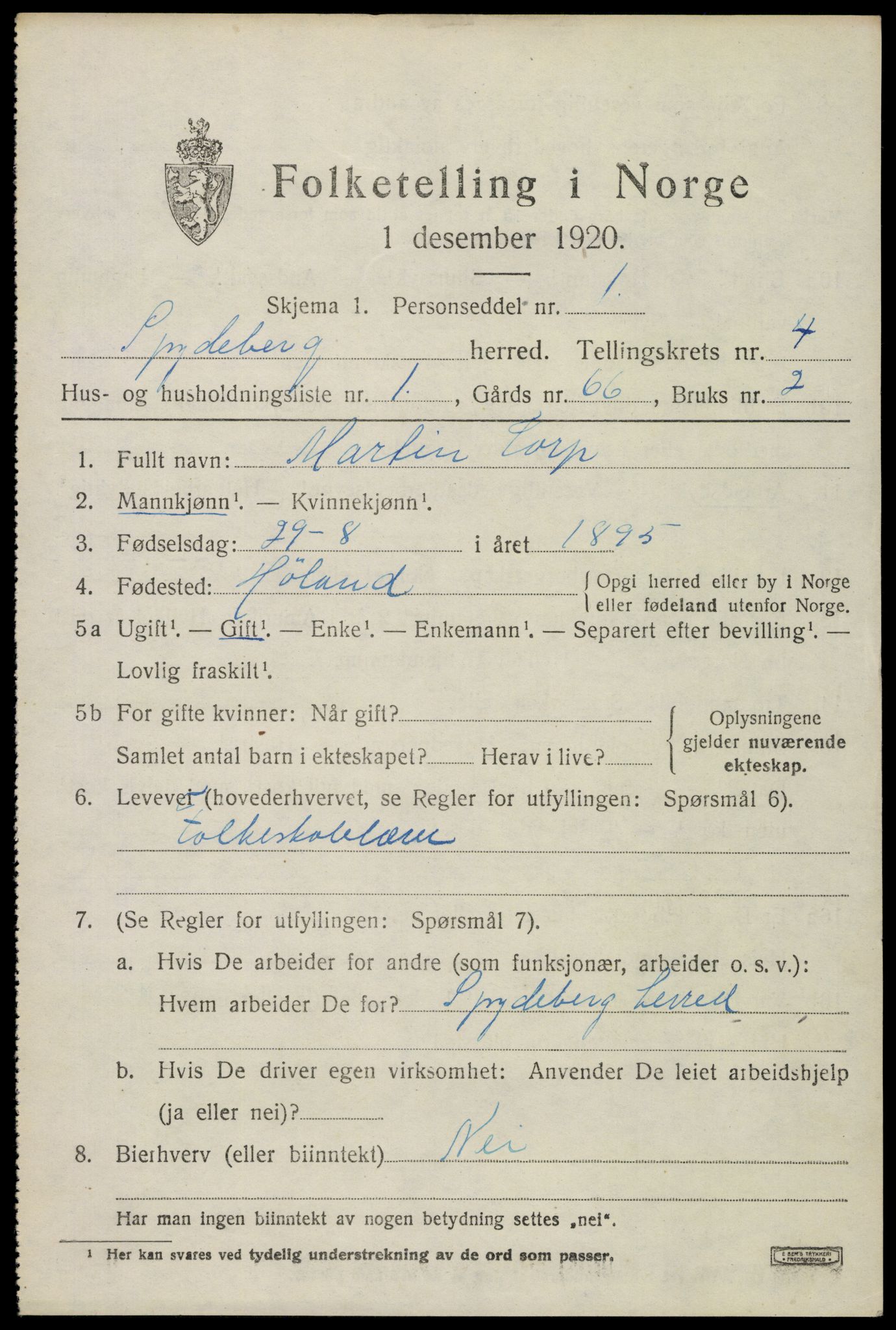 SAO, 1920 census for Spydeberg, 1920, p. 5565