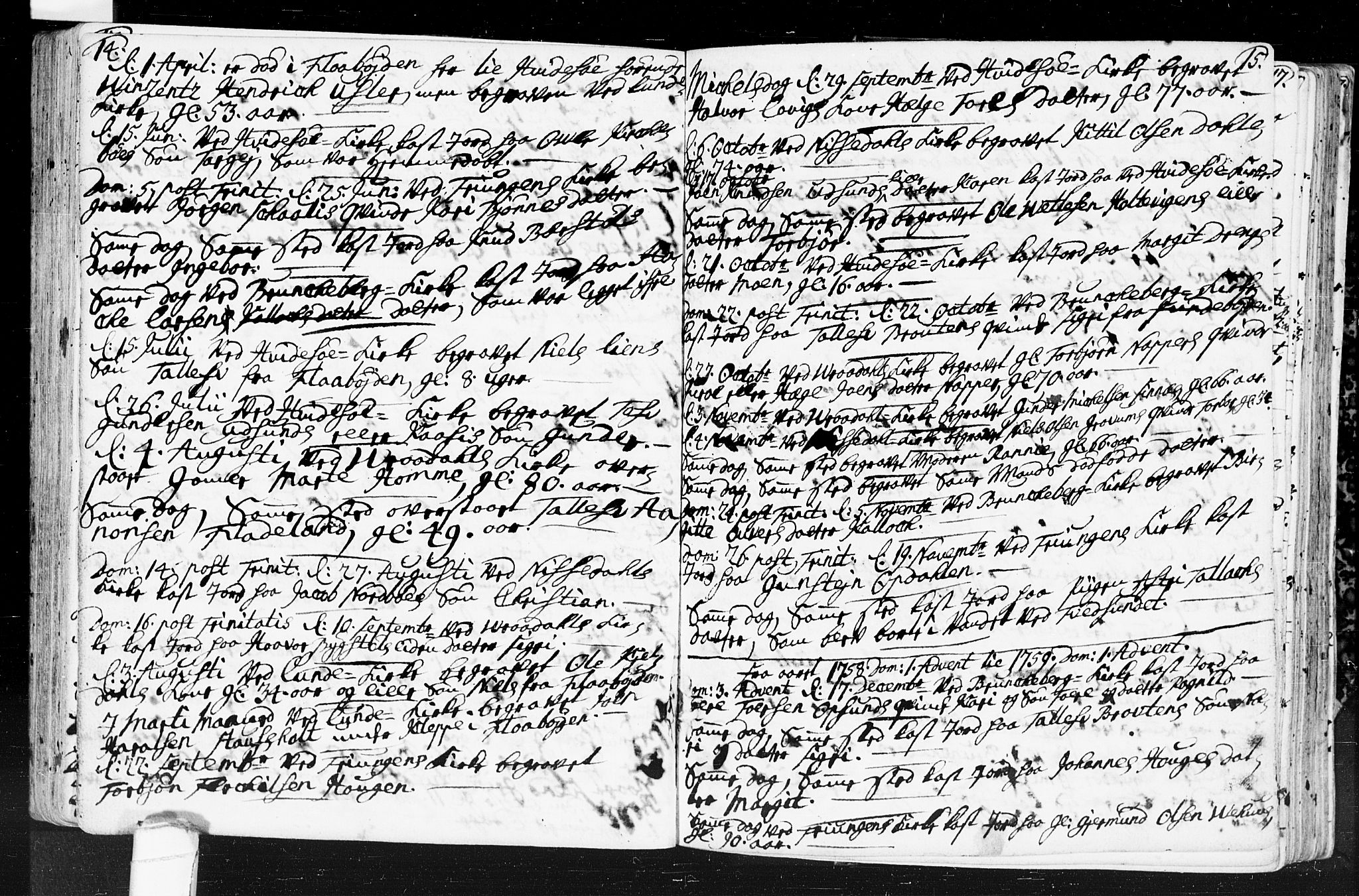 Kviteseid kirkebøker, SAKO/A-276/F/Fa/L0001: Parish register (official) no. I 1, 1754-1773, p. 14-15