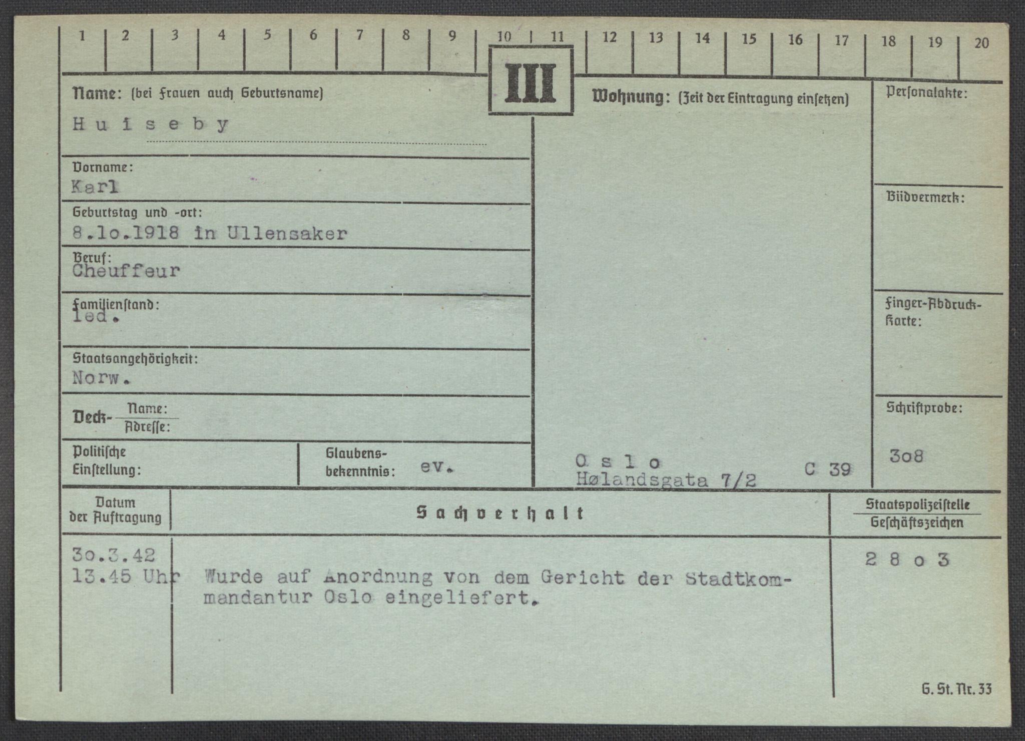 Befehlshaber der Sicherheitspolizei und des SD, AV/RA-RAFA-5969/E/Ea/Eaa/L0004: Register over norske fanger i Møllergata 19: Hal-Hæ, 1940-1945, p. 1413