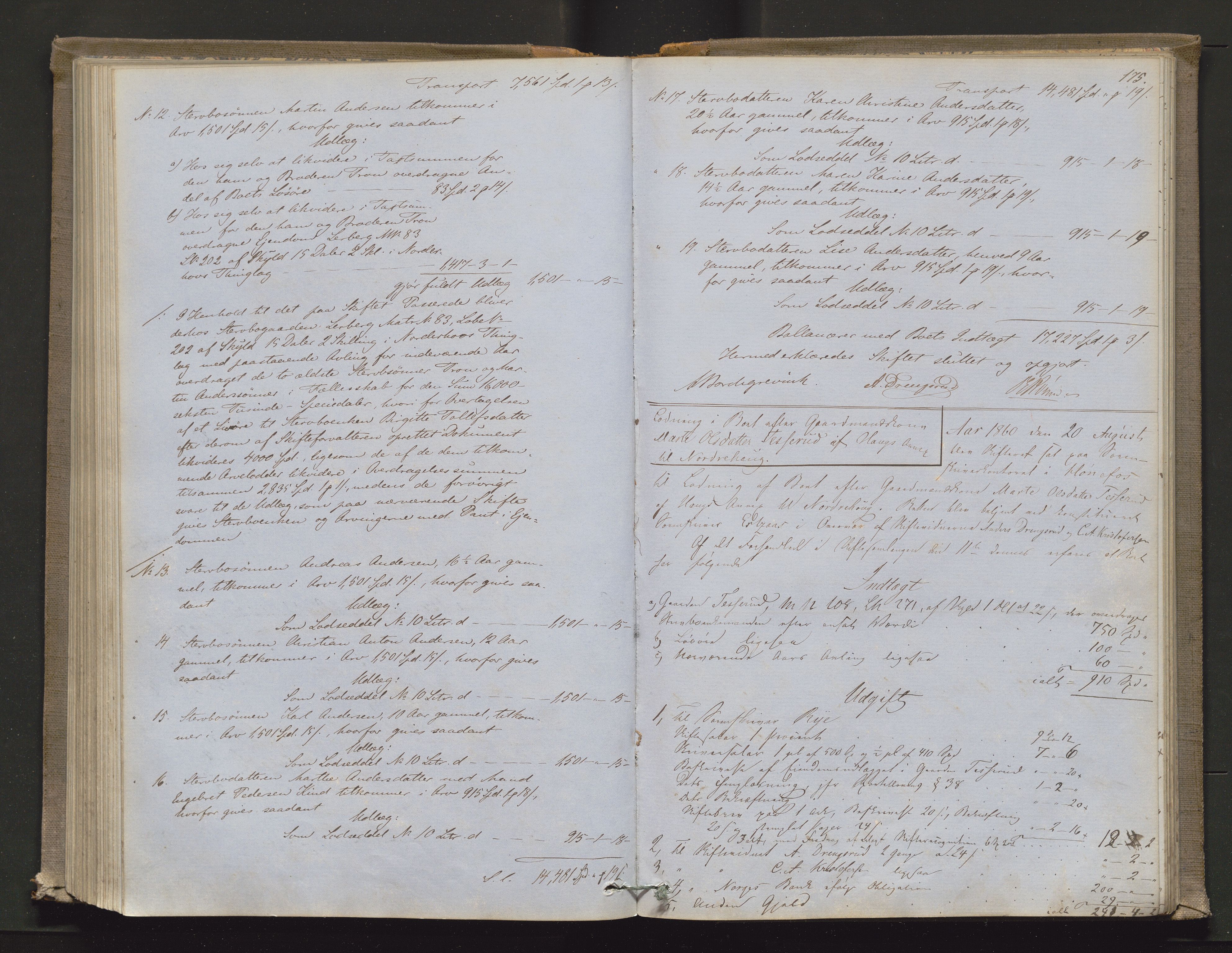 Ringerike sorenskriveri, AV/SAKO-A-105/H/Hb/Hbd/Hbda/L0004: Skifteutlodningsprotokoll, 1857-1862, p. 174b-175a