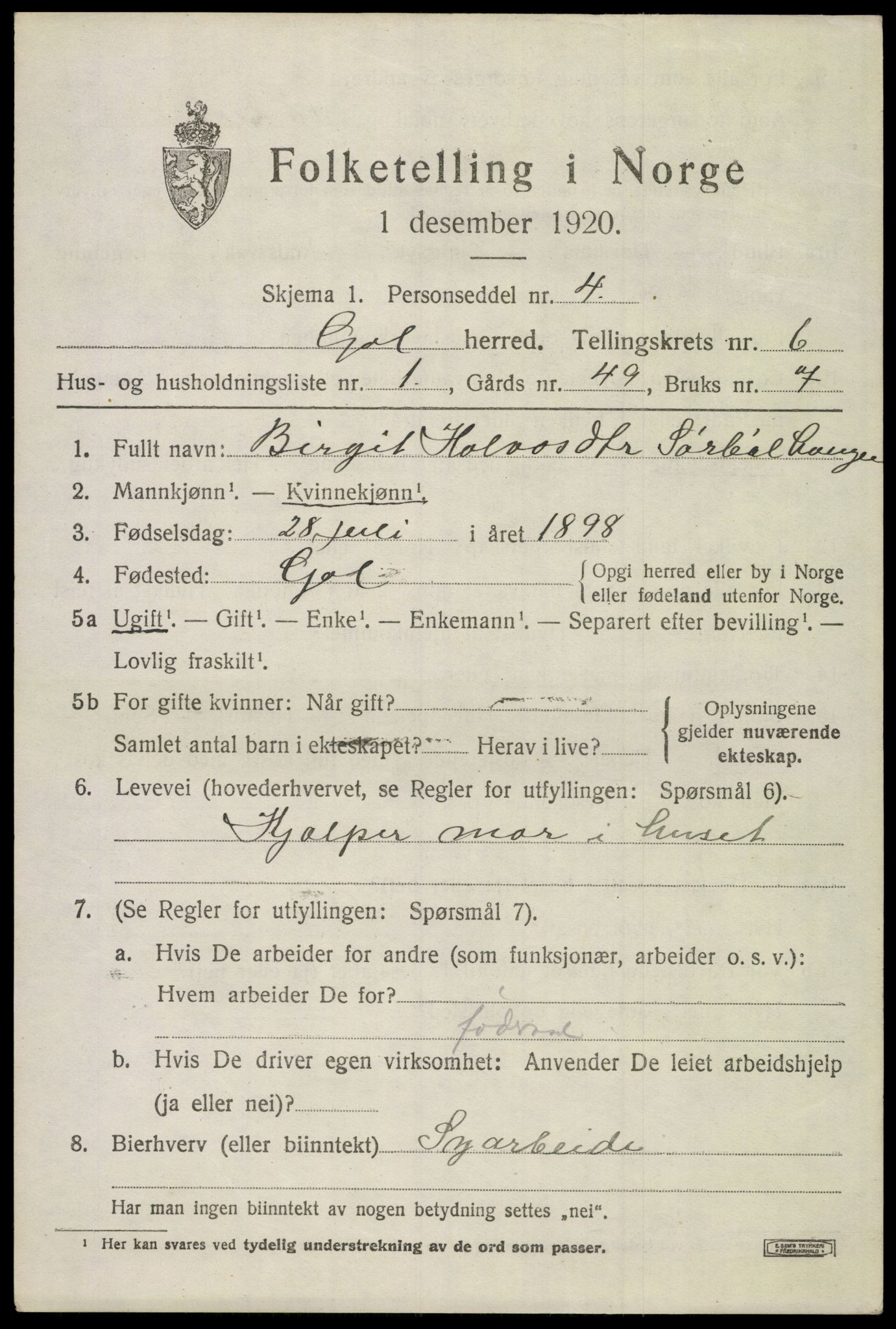 SAKO, 1920 census for Gol, 1920, p. 4582