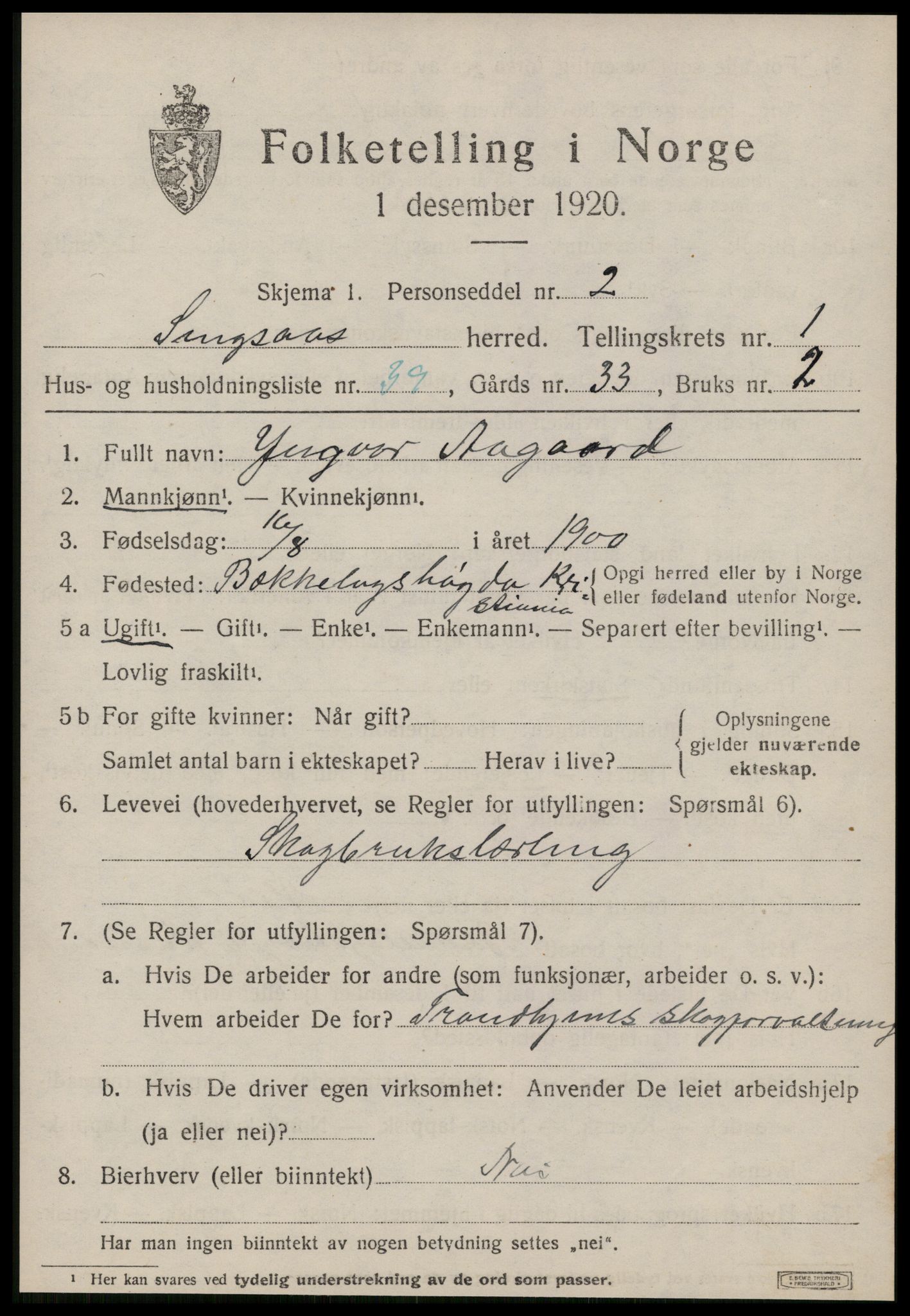 SAT, 1920 census for Singsås, 1920, p. 1109