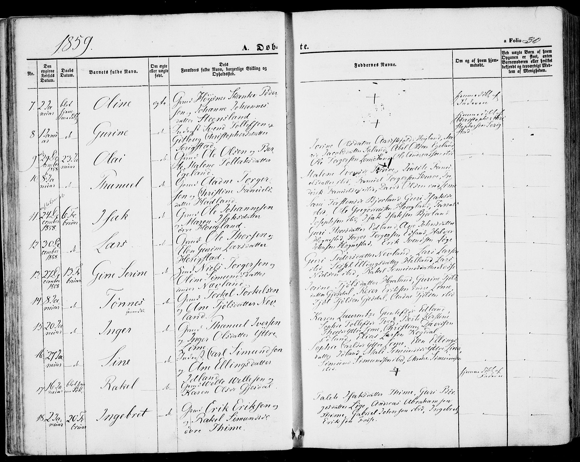 Lye sokneprestkontor, AV/SAST-A-101794/001/30BA/L0007: Parish register (official) no. A 6, 1856-1871, p. 30