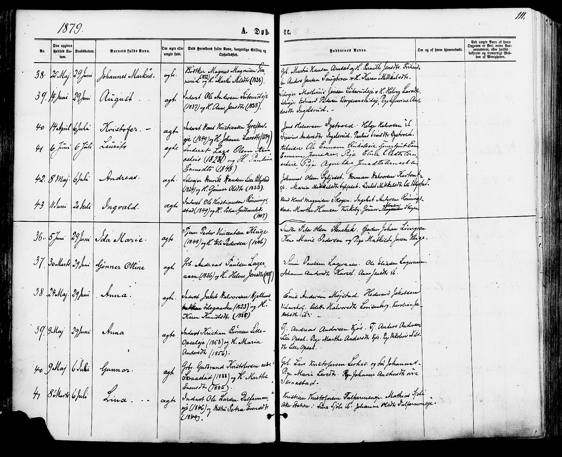 Vang prestekontor, Hedmark, AV/SAH-PREST-008/H/Ha/Haa/L0015: Parish register (official) no. 15, 1871-1885, p. 111