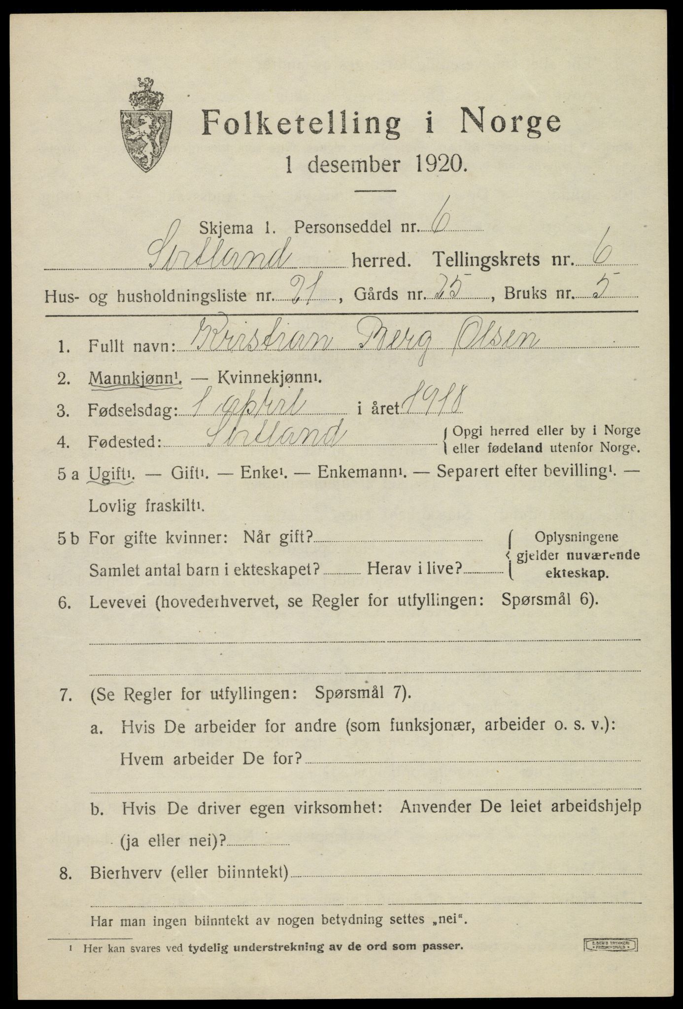 SAT, 1920 census for Sortland, 1920, p. 6506