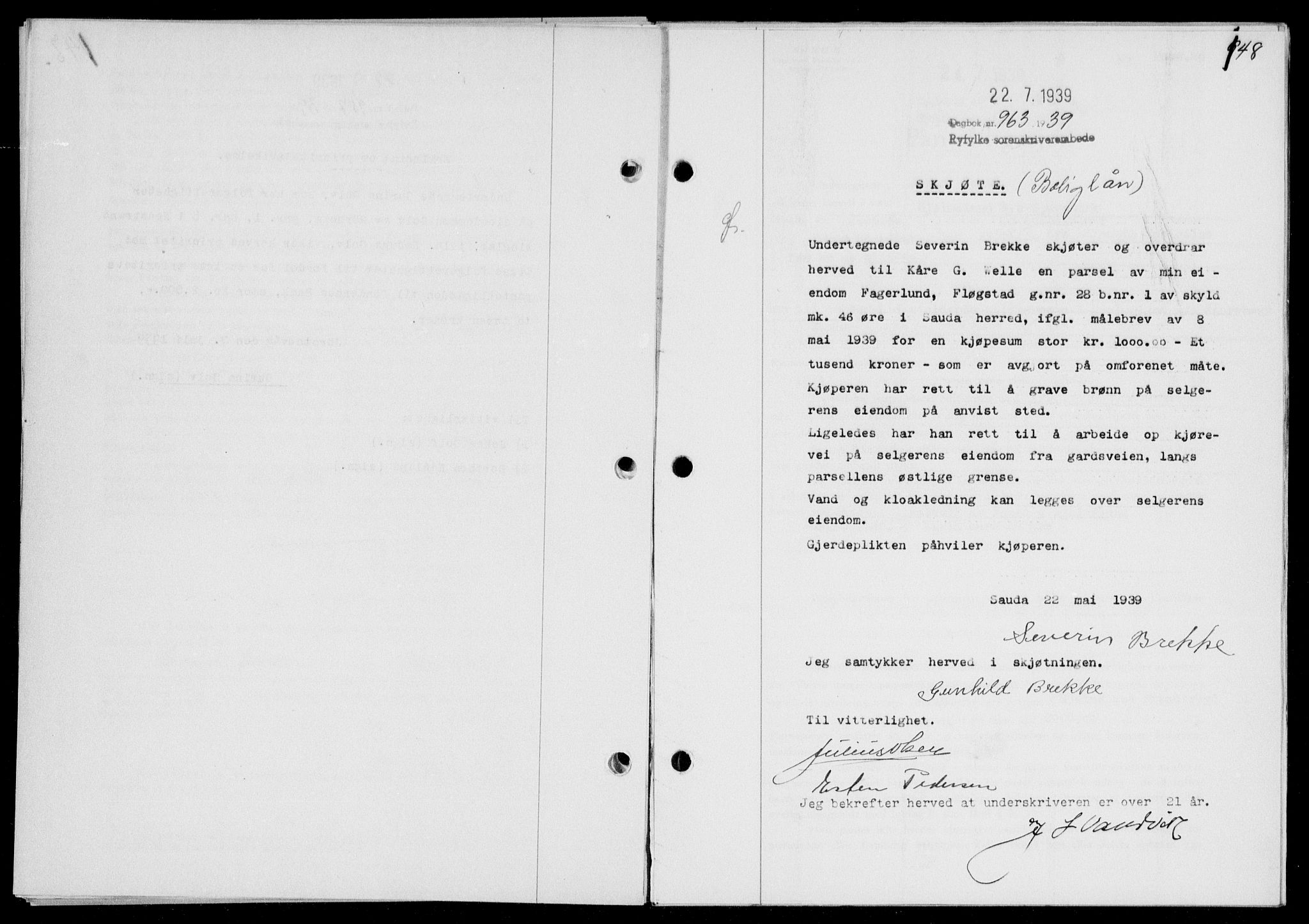 Ryfylke tingrett, SAST/A-100055/001/II/IIB/L0080: Mortgage book no. 59, 1939-1939, Diary no: : 963/1939